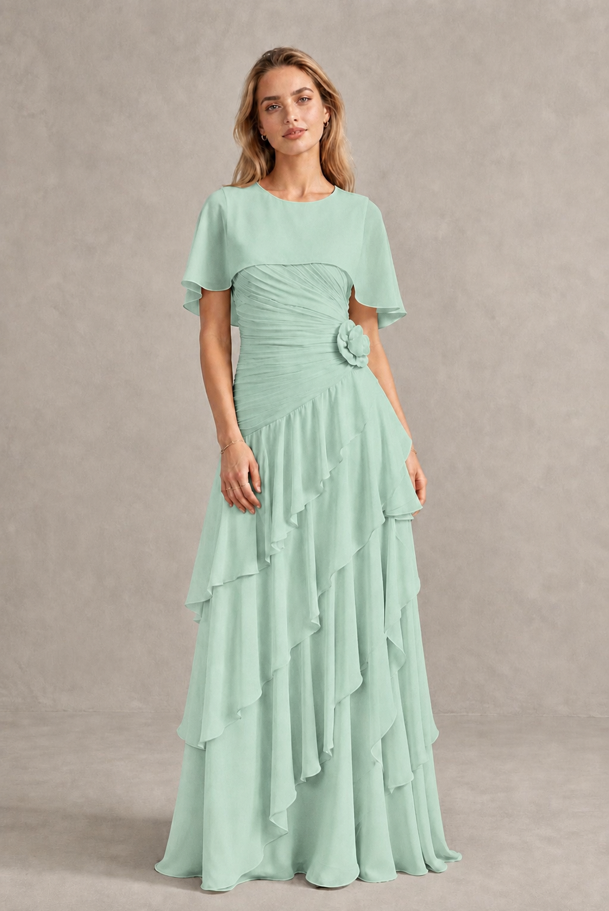 BOLODOO Mint Green Chiffon Flutter Sleeve Tiered Maxi Dress with 3D Rosette - Mint Green