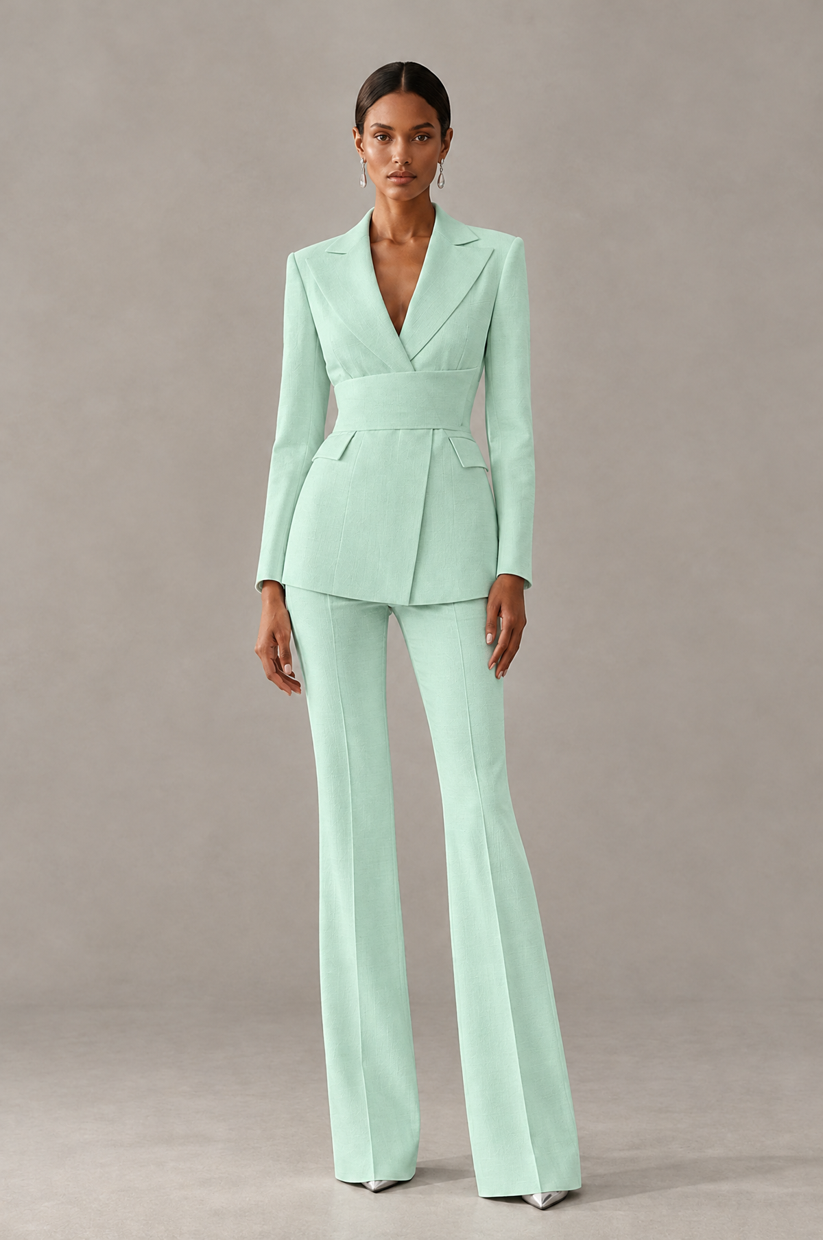 BOLODOO Mint Green Two-Piece Pantsuit with Tailored Blazer & Flared Pants - Mint Green - Mint Green (1)