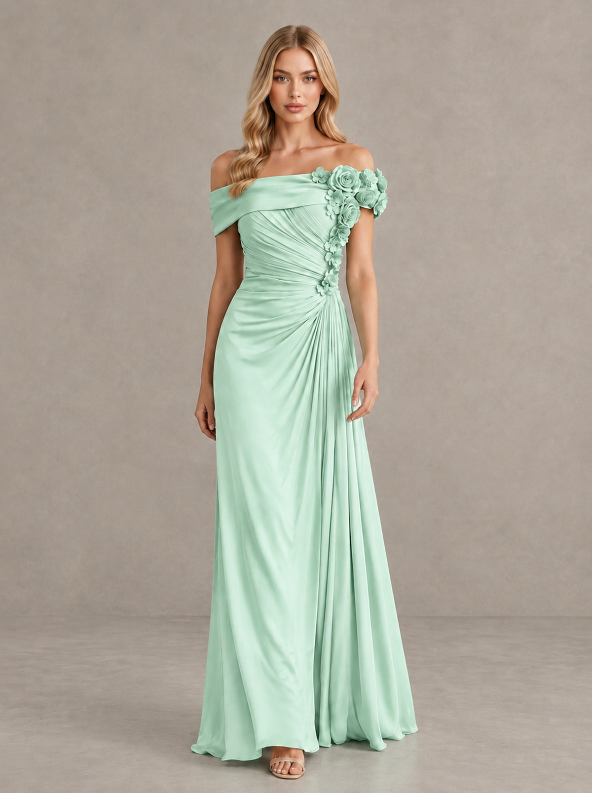 BOLODOO Mint Green Off-Shoulder Floral Applique Wedding Guest Maxi Dress - Mint Green - Mint Green (1)