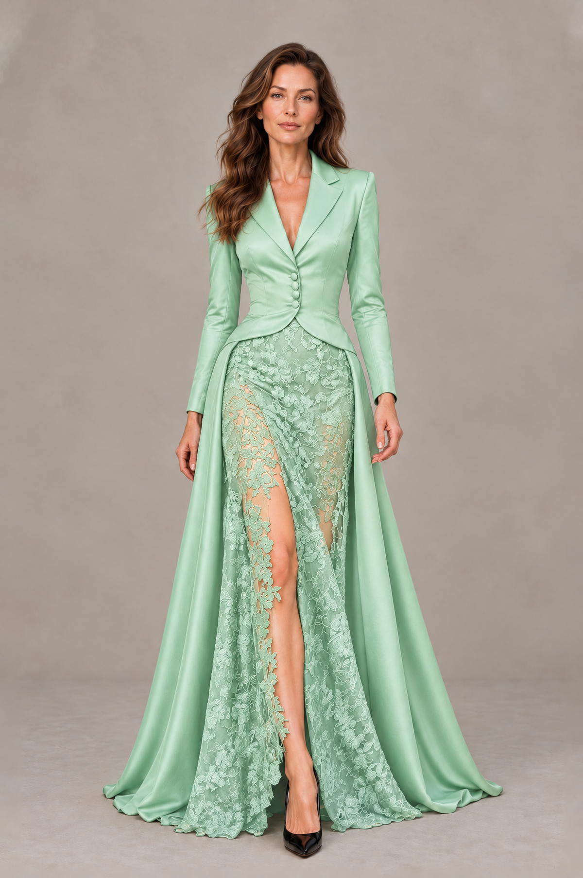 BOLODOO Mint Green Long Sleeve Lace Blazer Gown with High Slit - Mint Green - Mint Green (1)