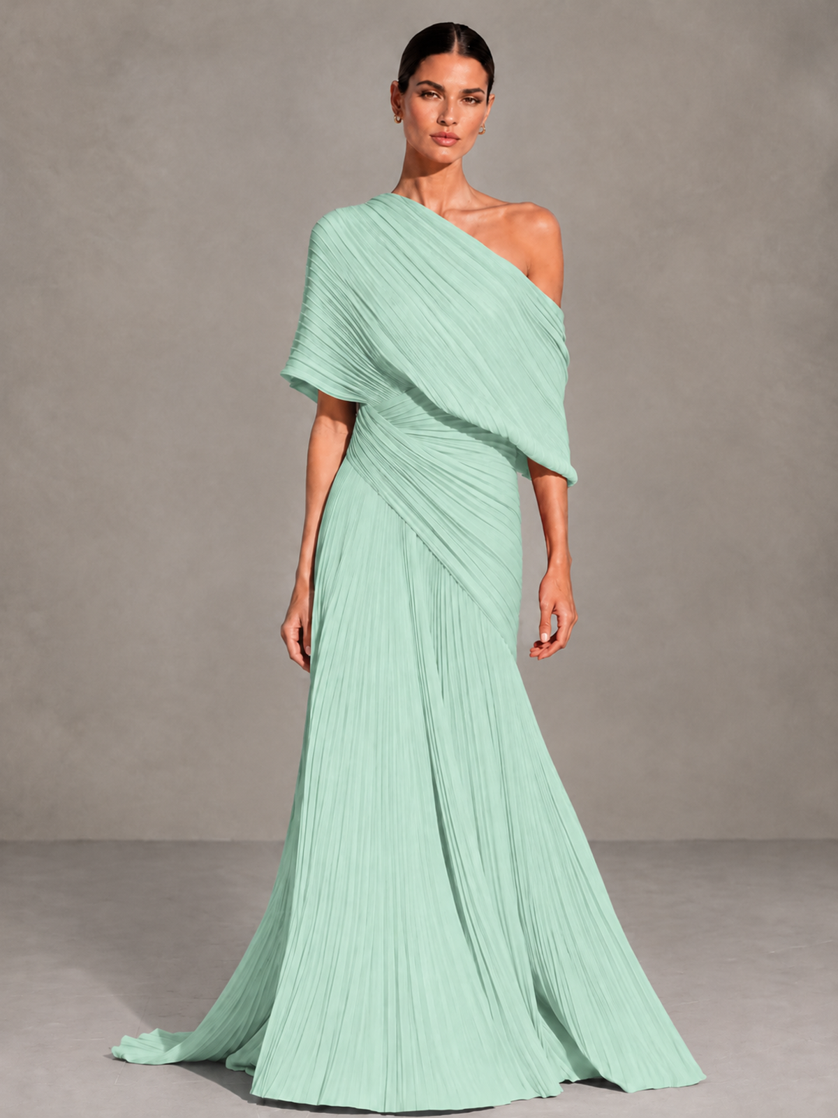 BOLODOO Mint Green One-Shoulder Pleated Cape Evening Gown with Train - Mint Green - Mint Green (1)