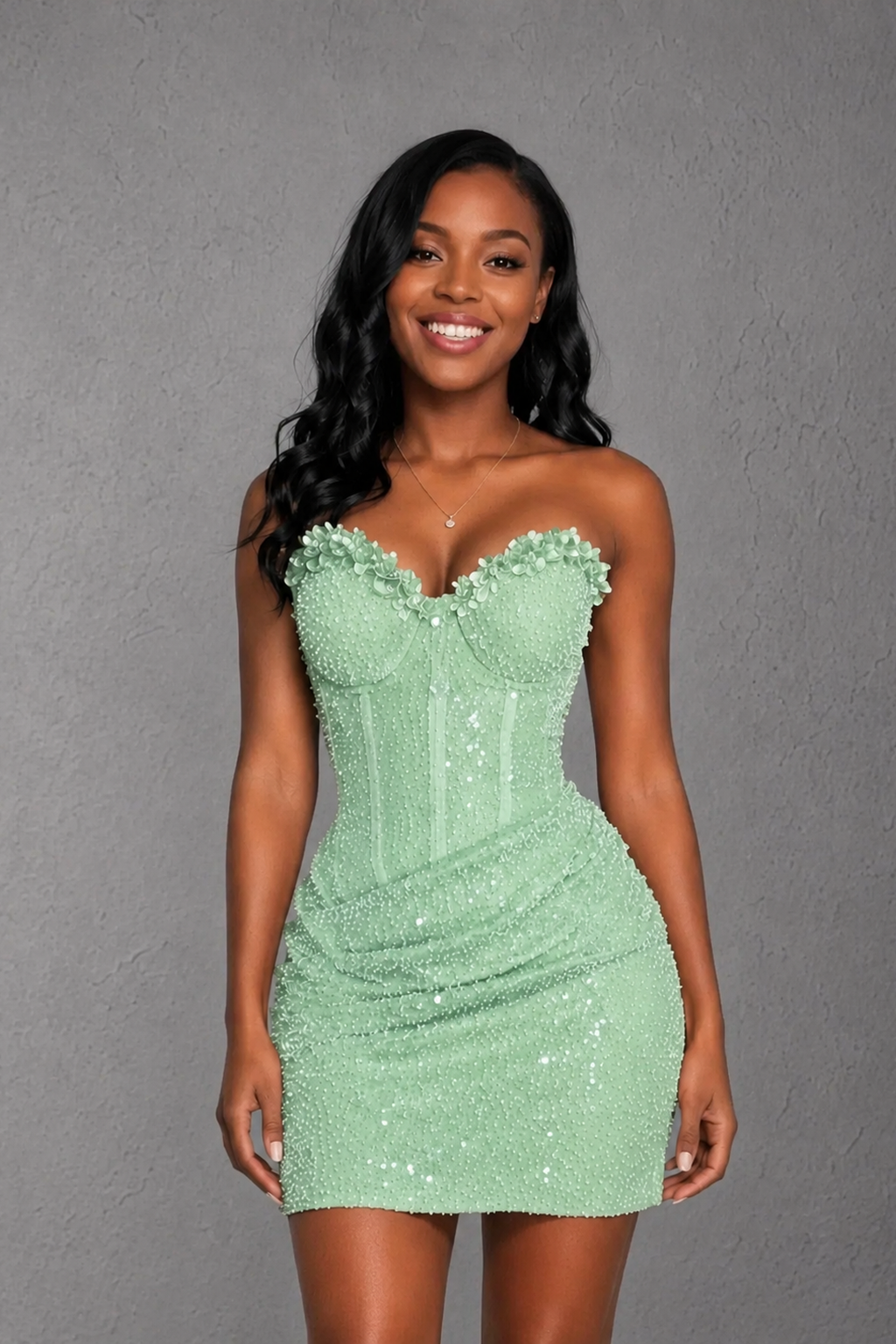 BOLODOO Mint Green Sequin 3D Floral Strapless Corset Lace-Up Back Mini Dress - Mint Green