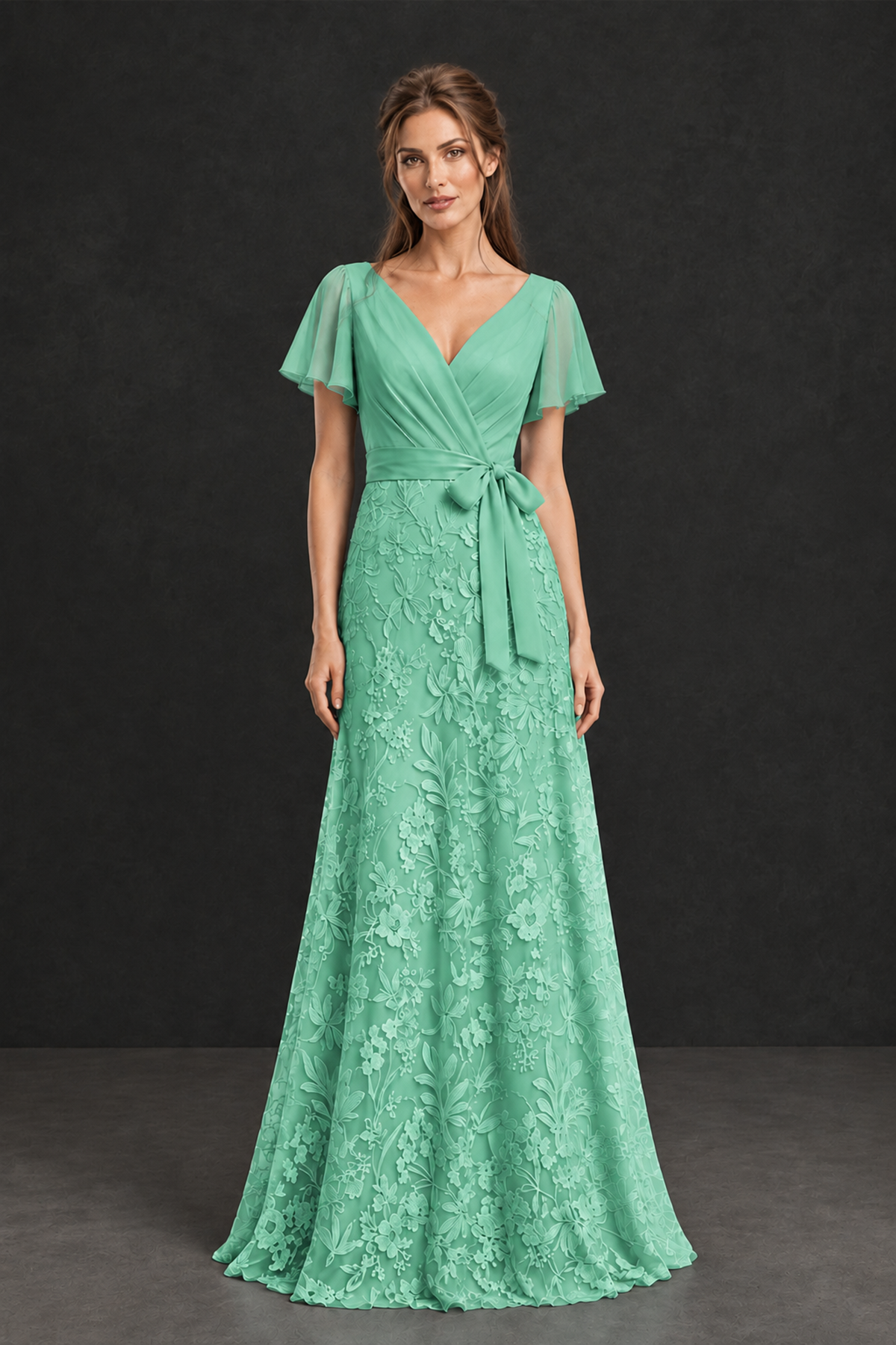 BOLODOO Mint Green Flutter Sleeve Lace Mother of the Bride Dress - Mint Green