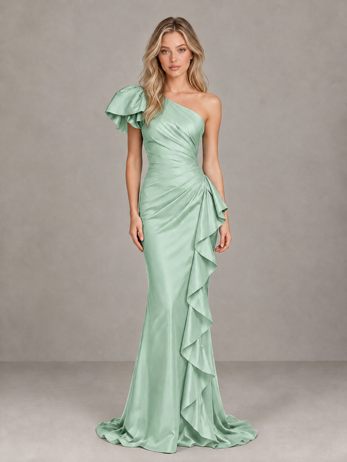 BOLODOO Mint Green One-Shoulder Satin-Look Mermaid Evening Dress with Ruffles - Mint Green - Mint Green (1)