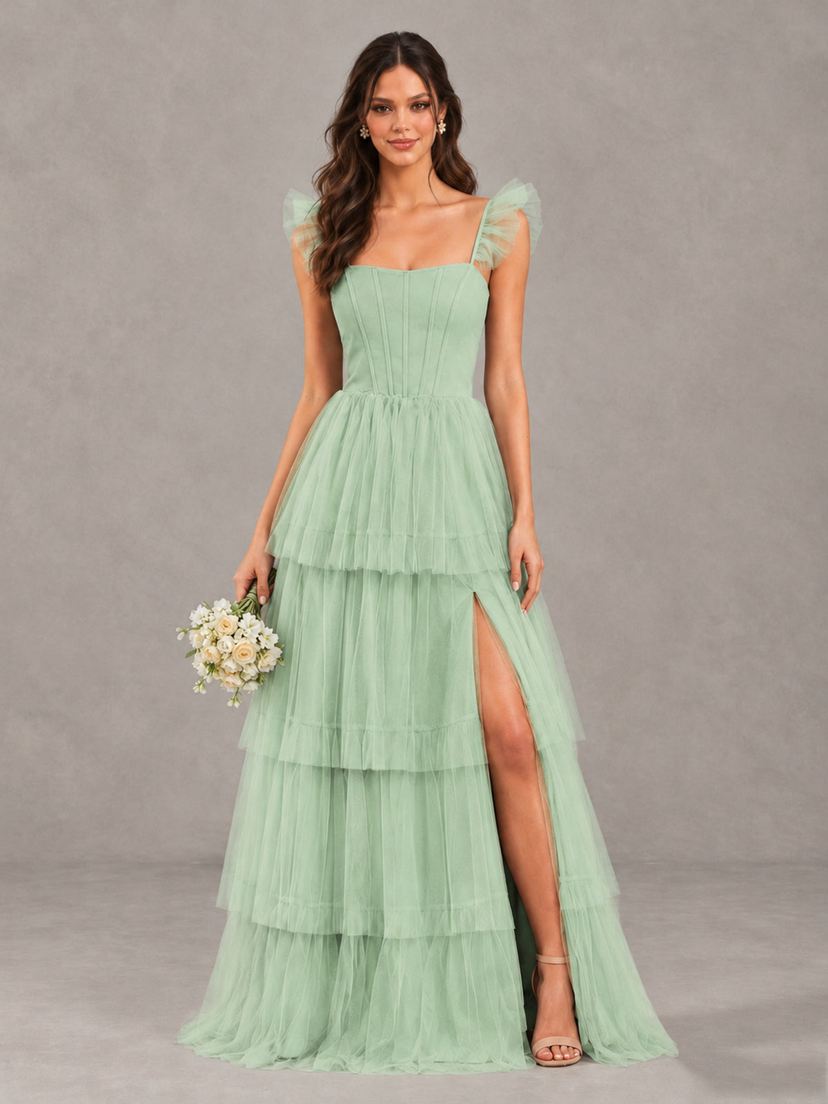 BOLODOO Mint Green Tiered Tulle Bridesmaid Dress with Slit - Mint Green - Mint Green (1)