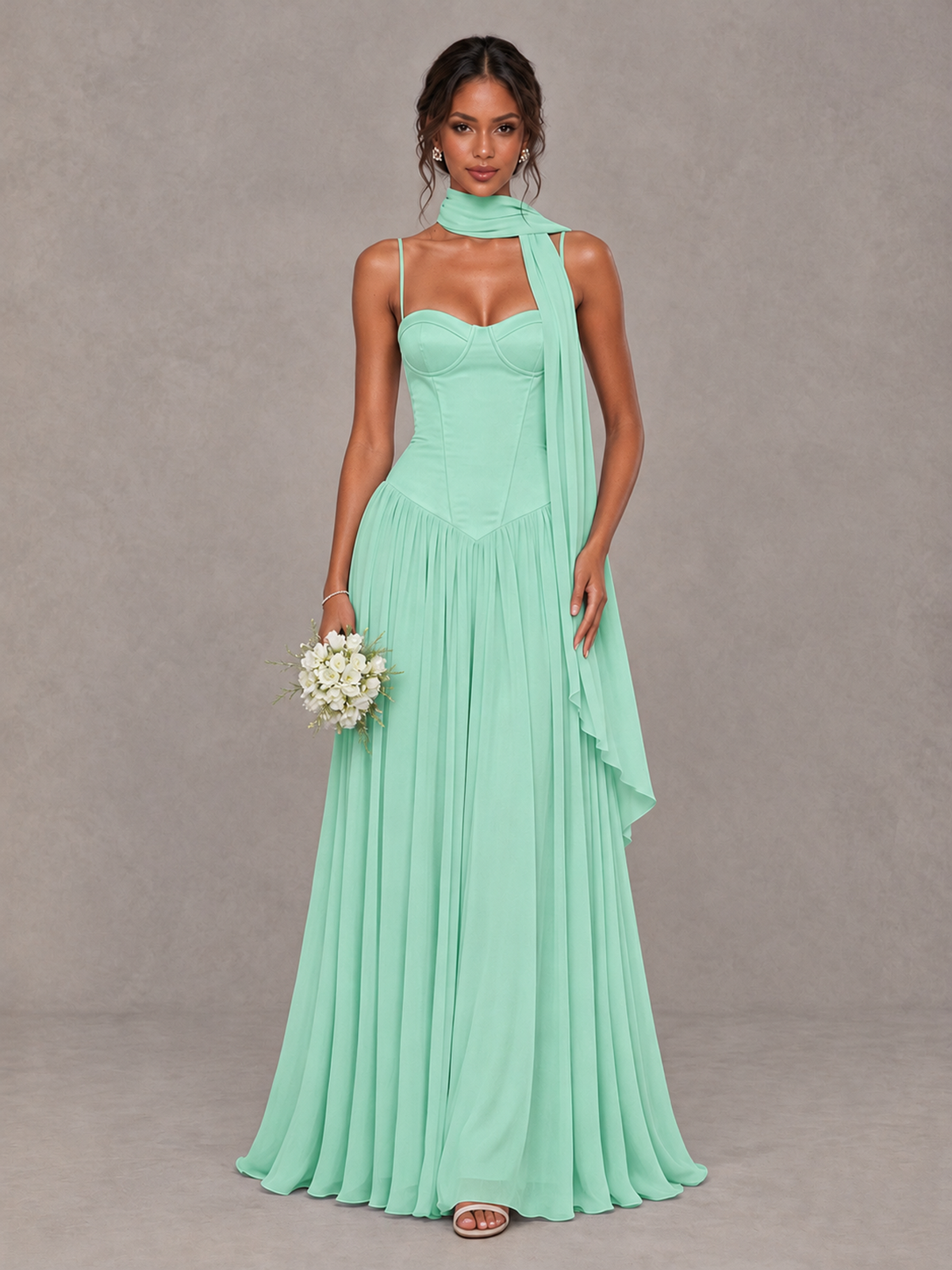 BOLODOO Mint Green Corset Bridesmaid Dress with Scarf - Mint Green - Mint Green (1)