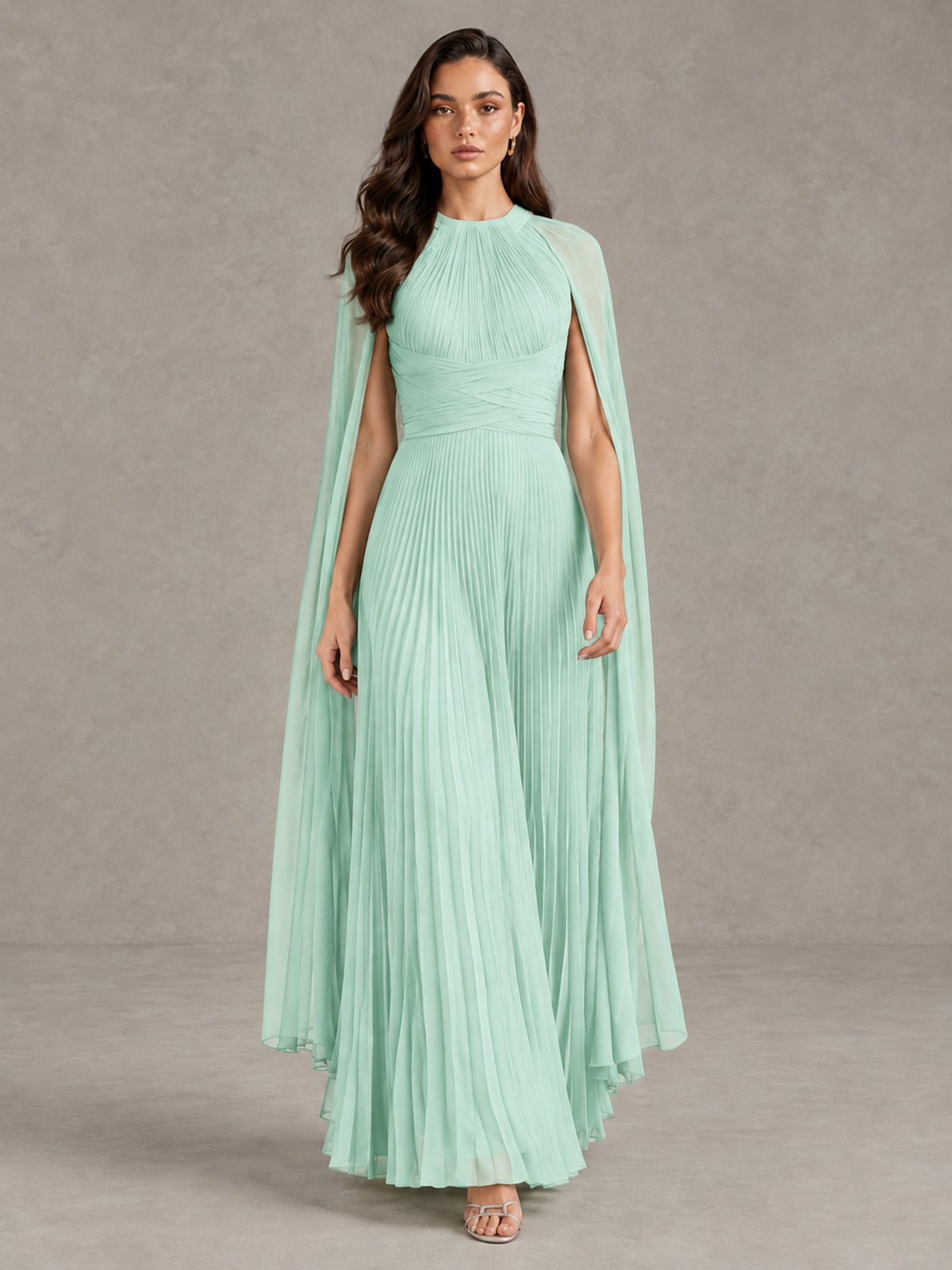 BOLODOO Mint Green Pleated Cape Maxi Wedding Guest Dress - Mint Green - Mint Green (1)
