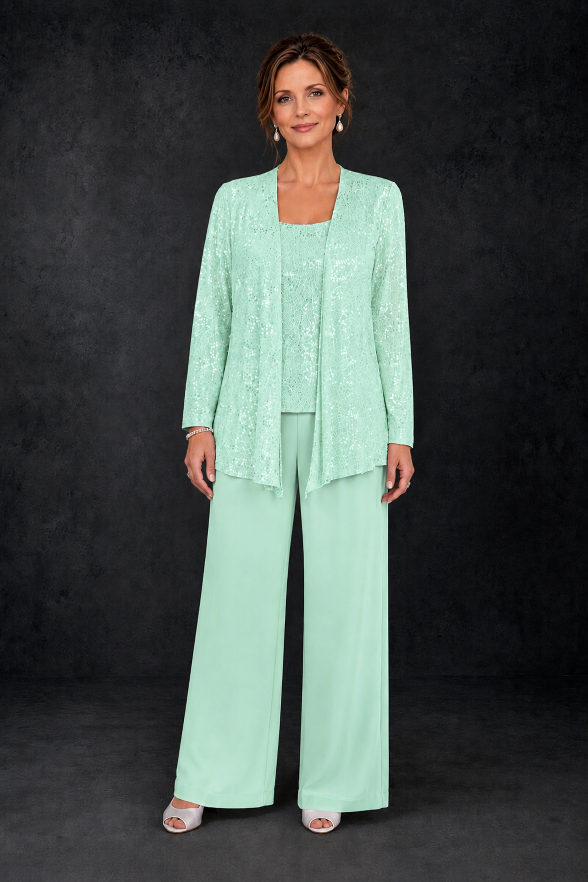 BOLODOO Mint Green Sequin Lace 3-Piece Pant Suit with Long Sleeve Jacket - Mint Green - Mint Green (1)