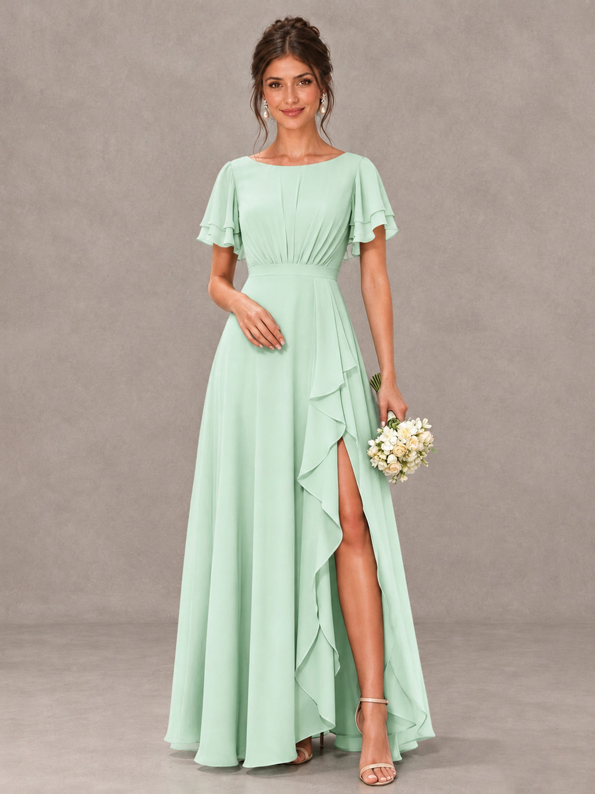 BOLODOO Mint Green Flutter Sleeve Ruffle Bridesmaid Dress with Slit - Mint Green - Mint Green (1)