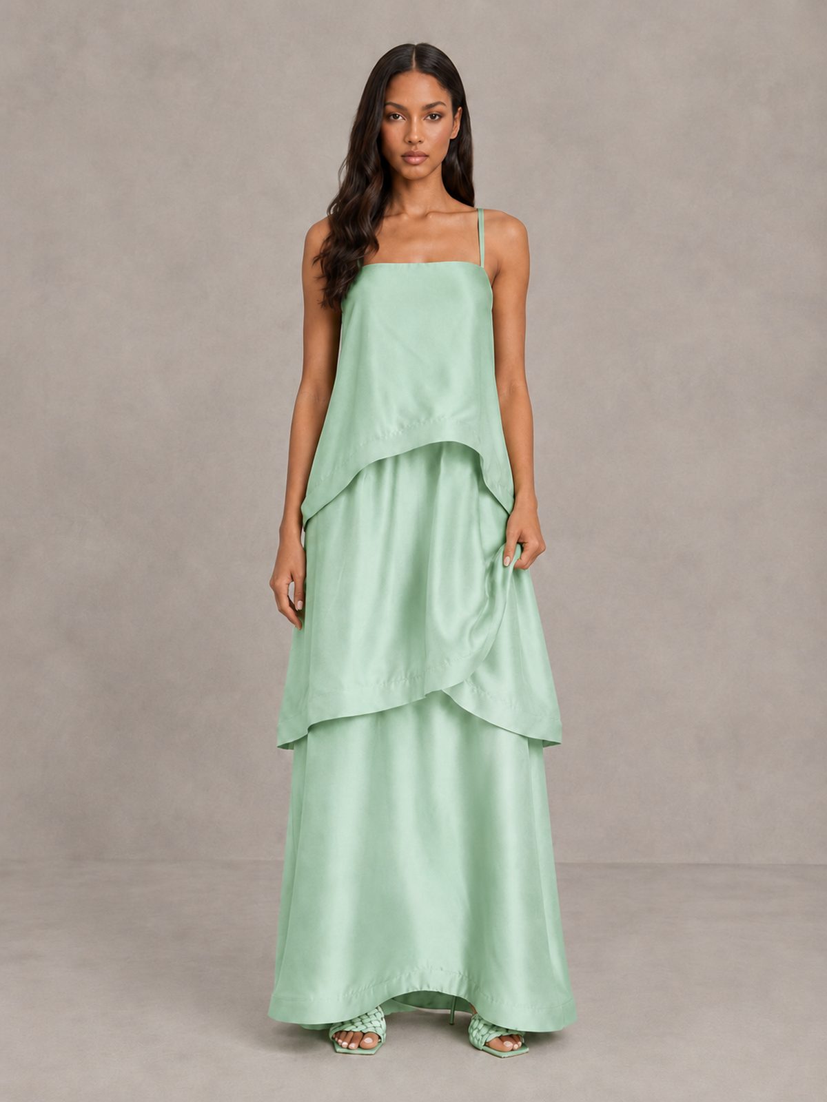 BOLODOO Mint Green Satin Tiered Maxi Dress with Spaghetti Straps - Mint Green
