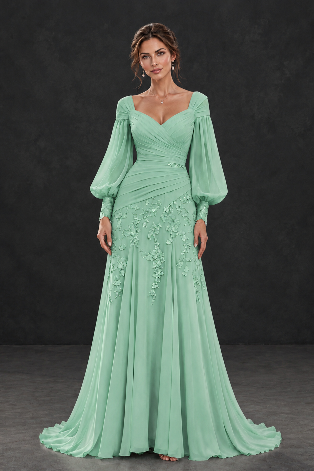BOLODOO Mint Green Long Sleeve Mother of the Bride Dress with Floral Appliqués - Mint Green - Mint Green (1)