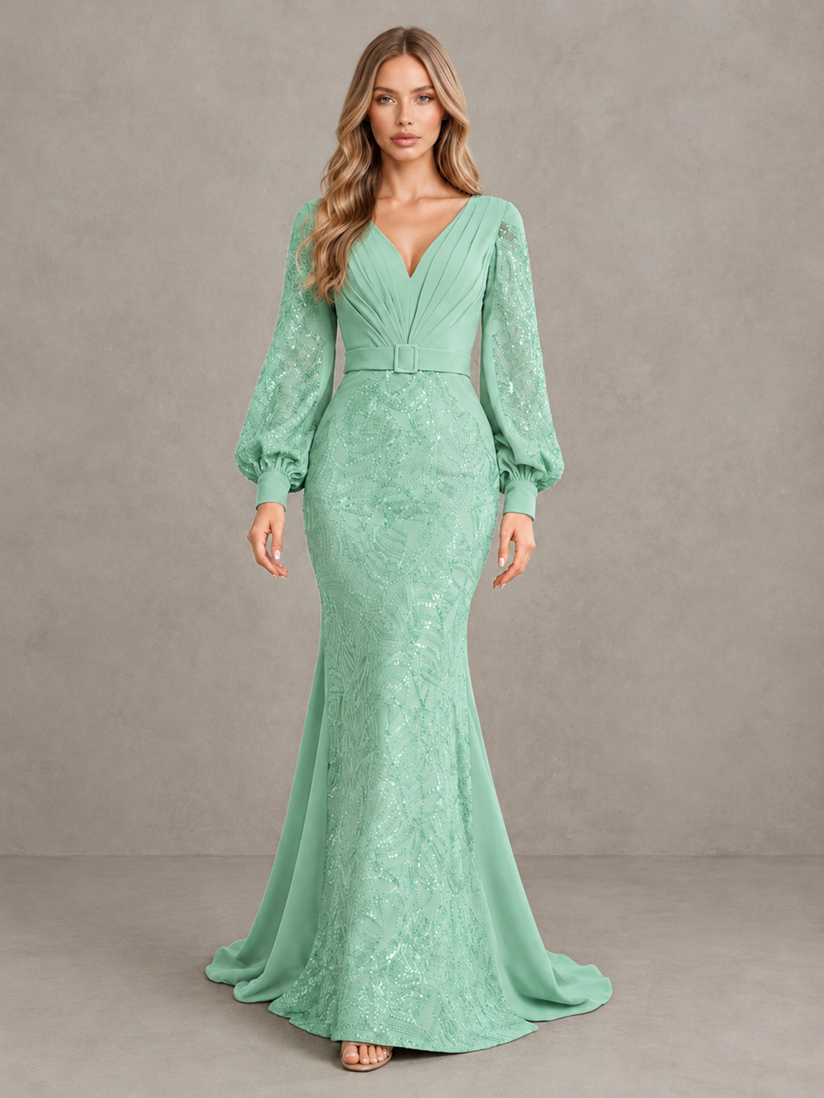 BOLODOO Mint Green Sequin Long Bishop Sleeve Mermaid Evening Dress - Mint Green - Mint Green (1)