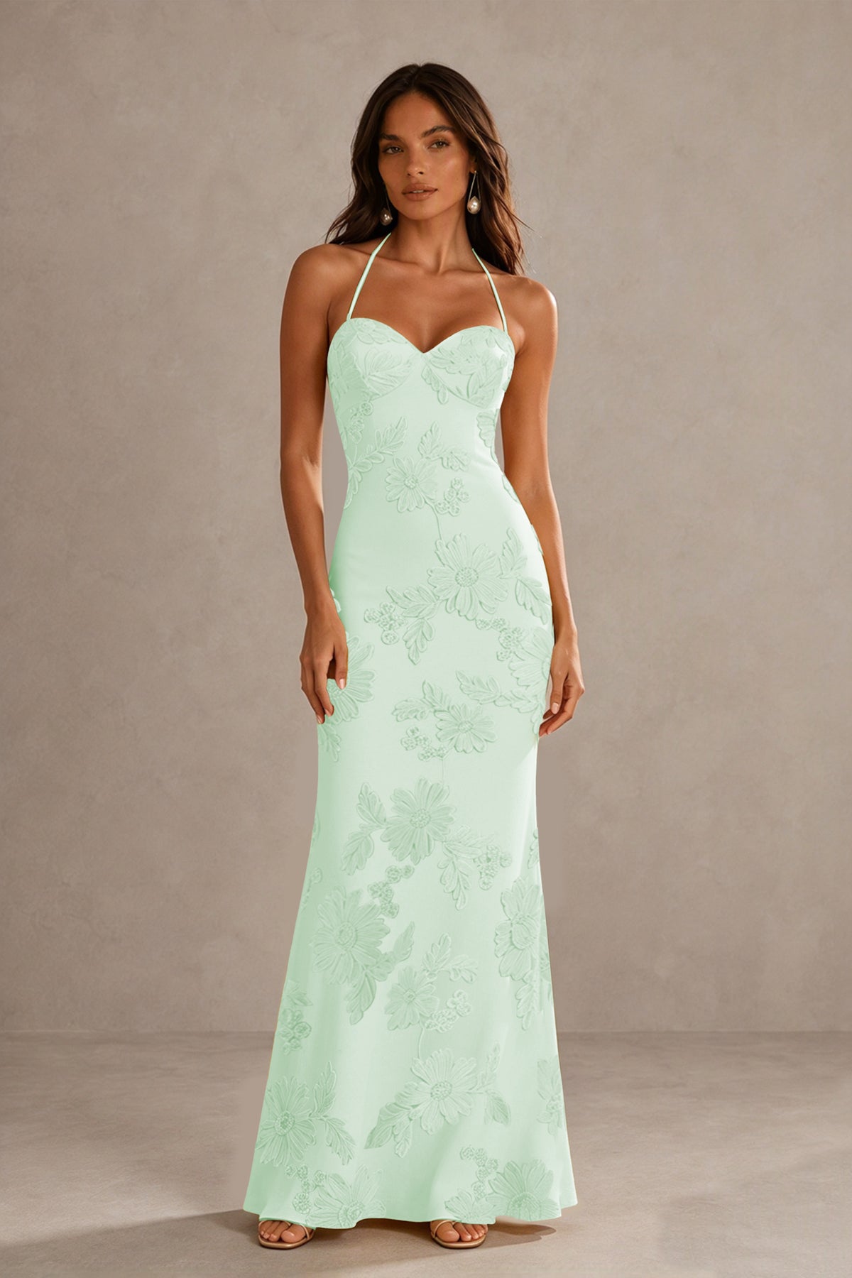 BOLODOO Mint Green Halter Sweetheart Floral Embroidered Lace-Up Open Back Maxi Dress | BD0257 - Mint Green