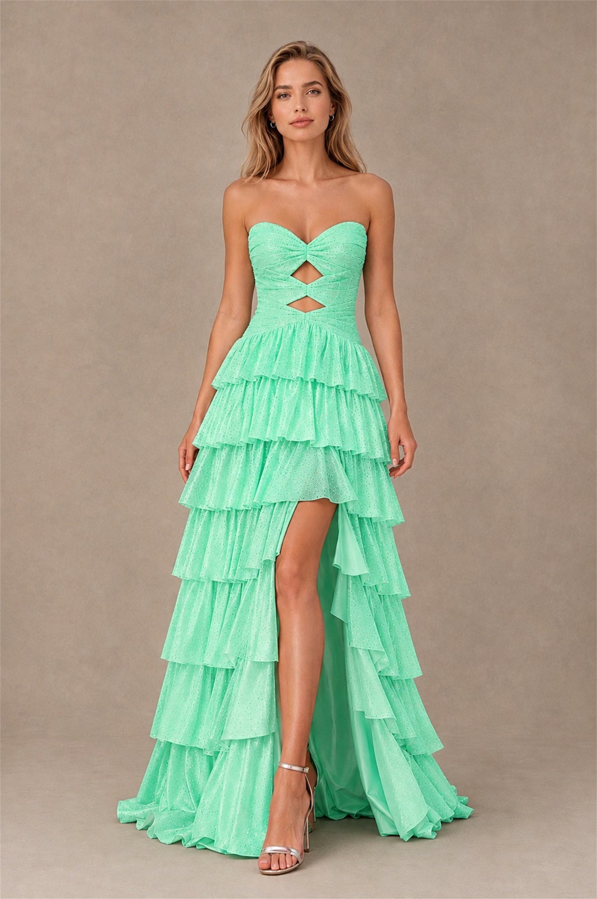 BOLODOO Mint Green Strapless Cutout Tiered Ruffle Prom Dress with High Slit - Mint Green - Mint Green (1)