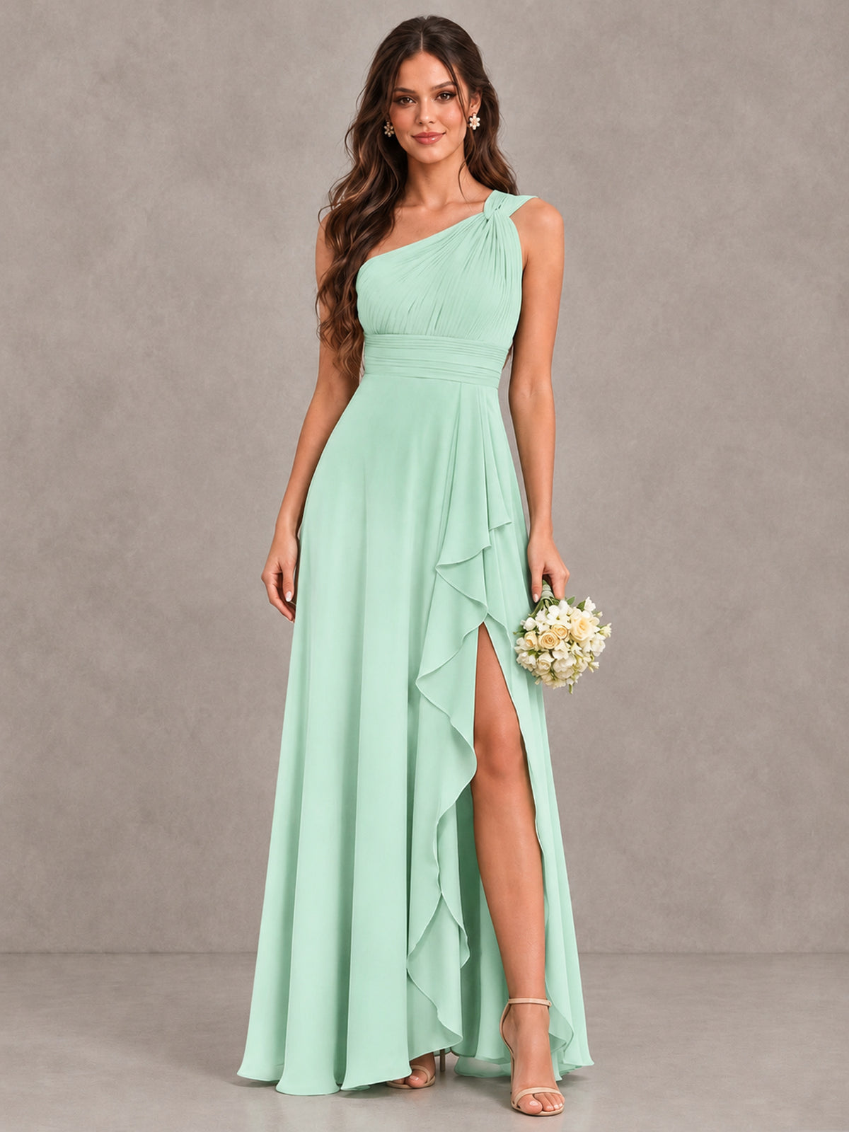 BOLODOO Mint Green One-Shoulder Ruffle Bridesmaid Dress with Slit - Mint Green - Mint Green (1)