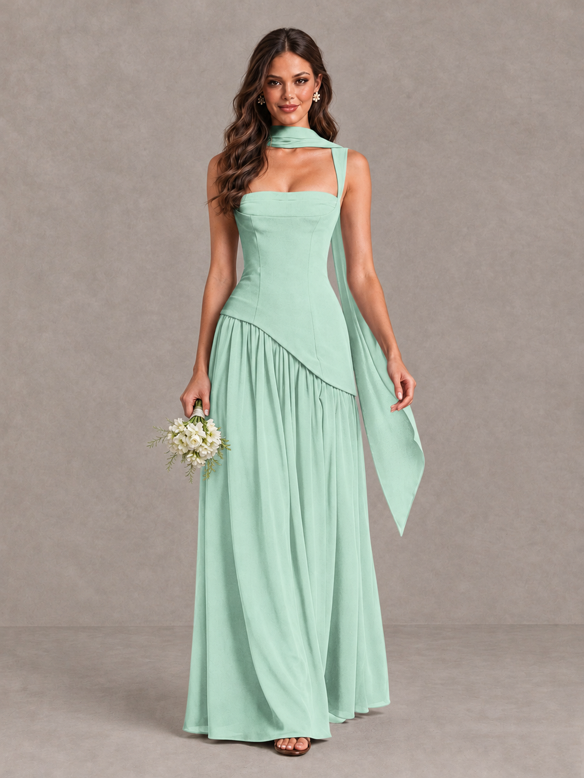 BOLODOO Mint Green Brown Scarf Bridesmaid Dress with Lace-Up Back - Mint Green - Mint Green (1)