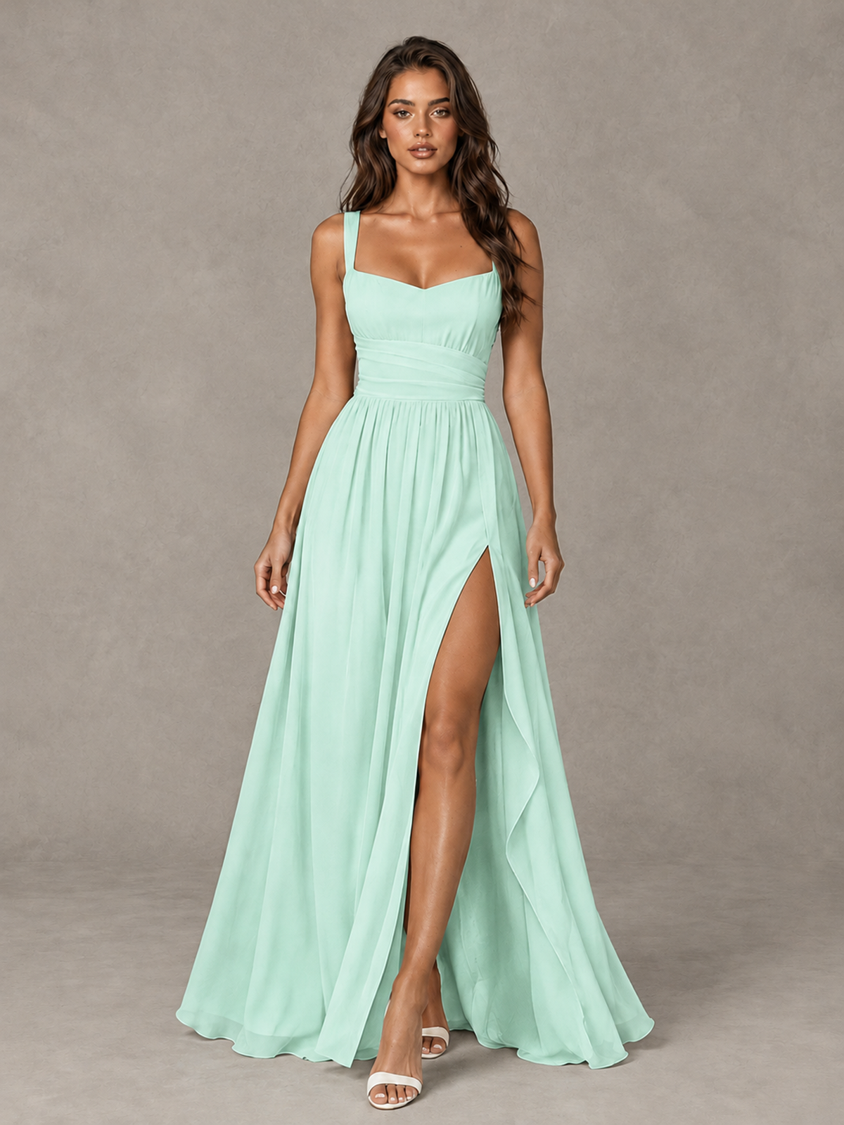 BOLODOO Mint Green A-Line Bridesmaid Dress with High Slit & Lace-Up Back - Mint Green - Mint Green (1)