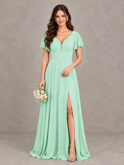 BOLODOO Mint Green Flutter Sleeve Chiffon A-Line Maxi Bridesmaid Dress with Open Back & Slit - Mint Green - Mint Green (1)