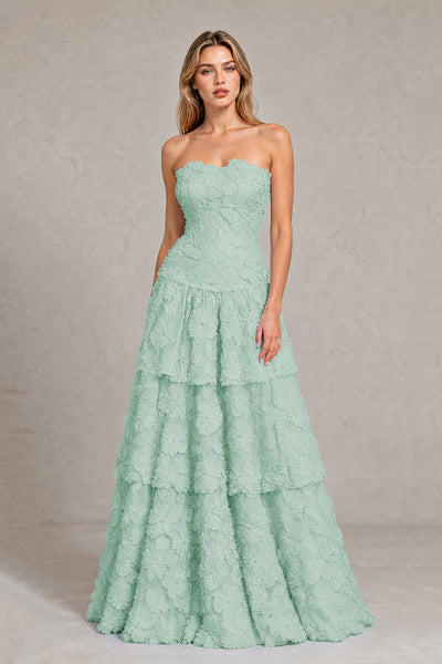 BOLODOO Mint Green Strapless 3D Floral Tiered Evening Gown - Mint Green