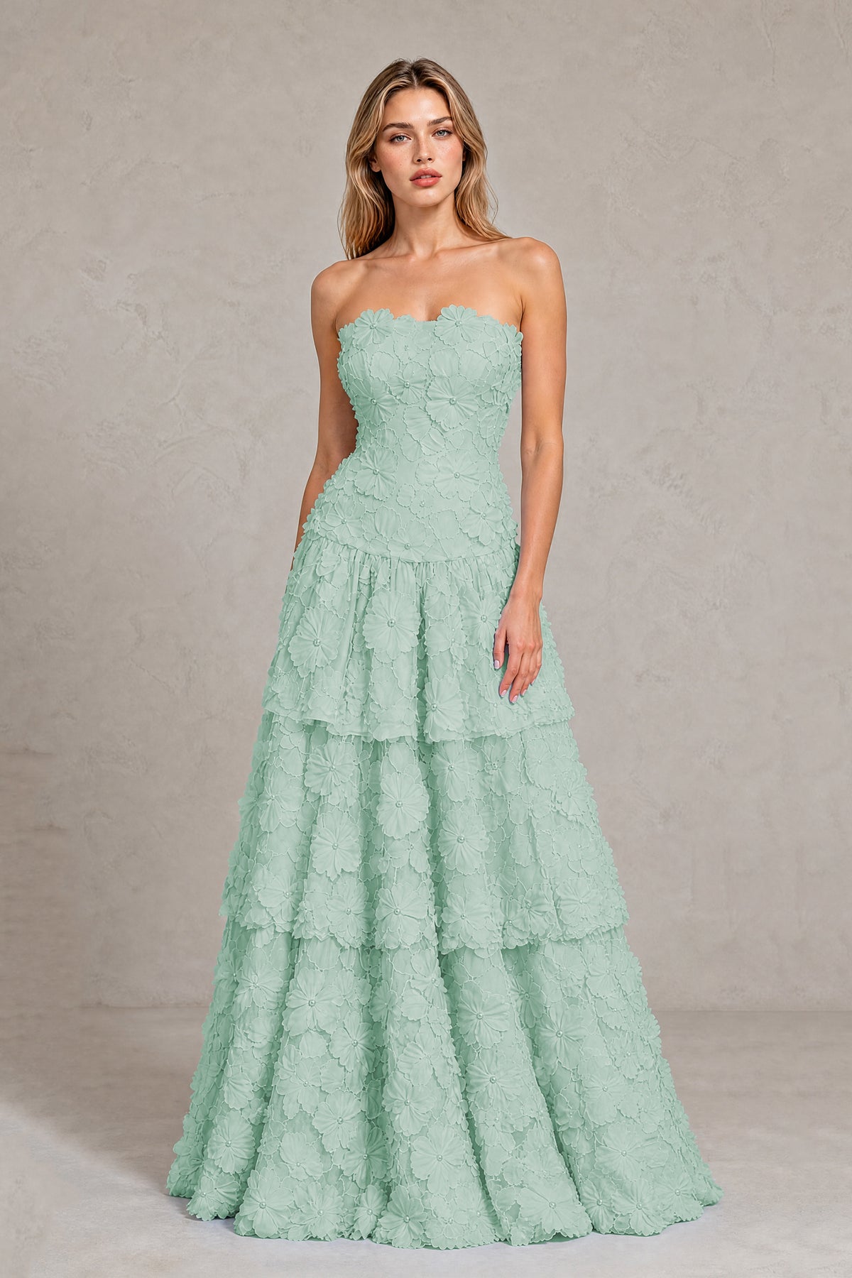BOLODOO Mint Green Strapless 3D Floral Tiered Evening Gown - Mint Green