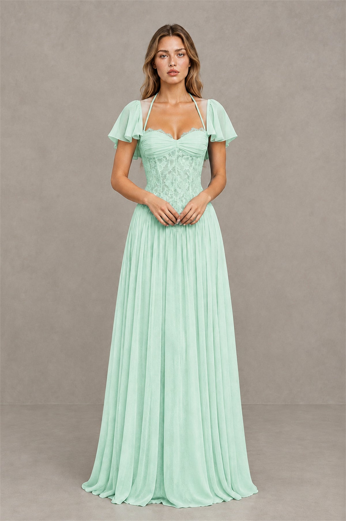 BOLODOO Mint Green Flutter Sleeve Lace Corset A-Line Maxi Dress - Mint Green - Mint Green (1)