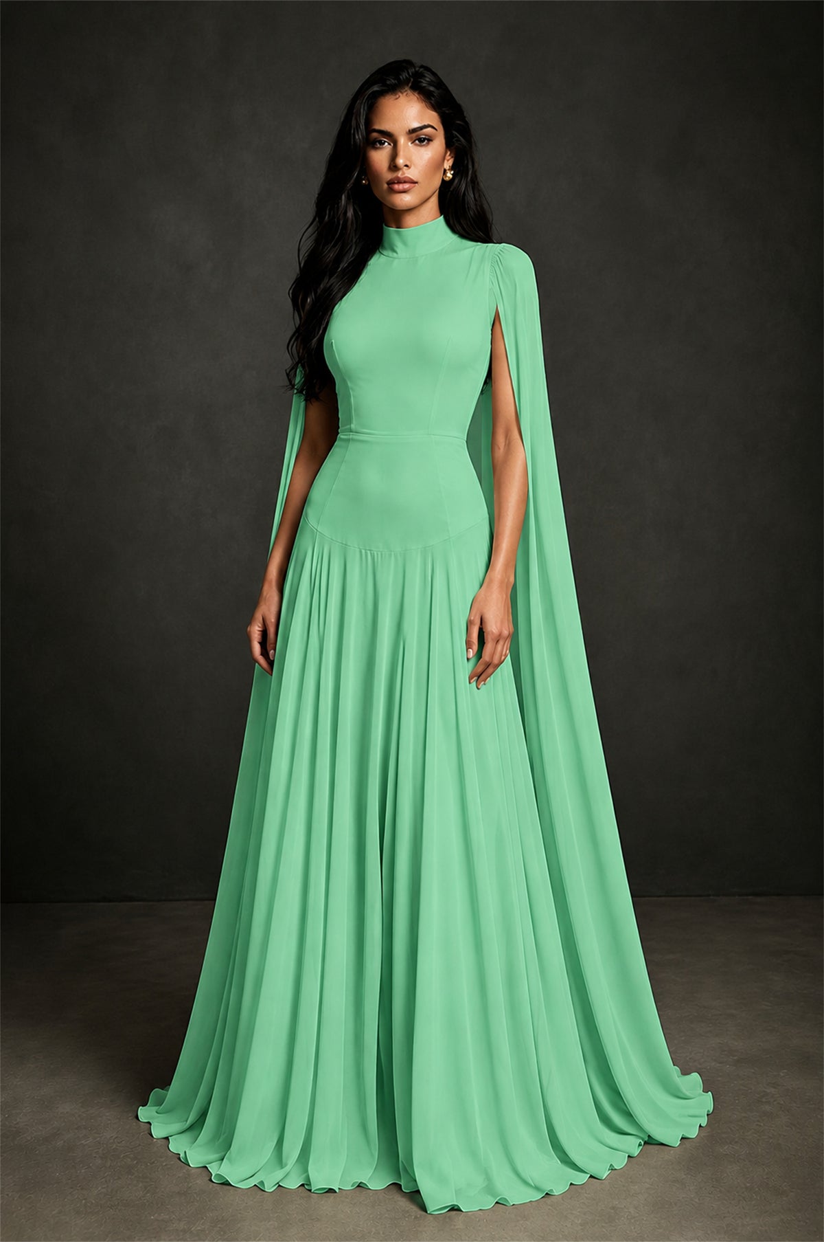 BOLODOO Mint Green Mock Neck Cape Sleeve A-Line Chiffon Maxi Dress - Mint Green - Mint Green (1)