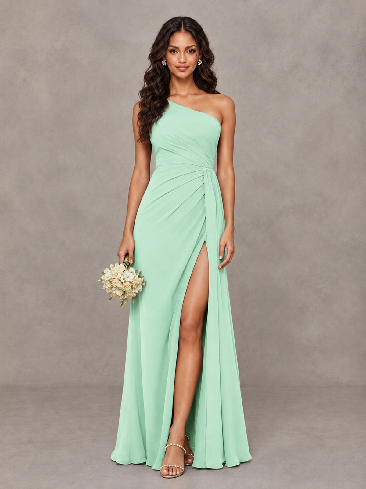 BOLODOO Mint Green One-Shoulder Chiffon Bridesmaid Dress with Ruched Bodice & High Slit - Mint Green - Mint Green (1)
