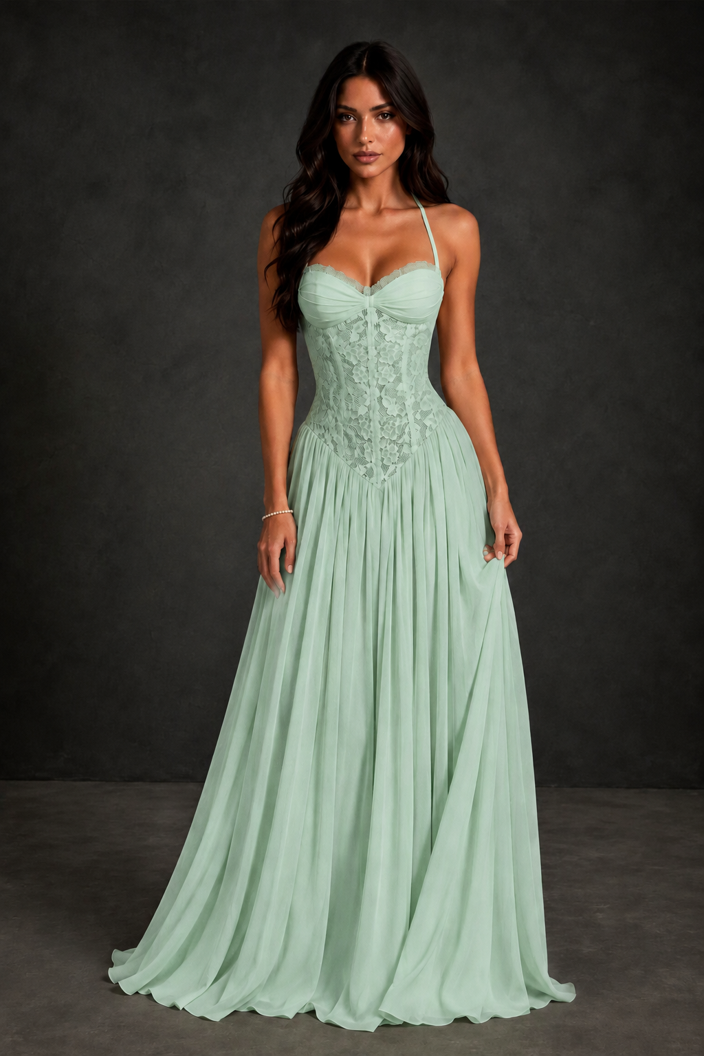 BOLODOO Mint Green Lace Corset Halter Maxi Gown – Backless A-Line Formal Dress - Mint Green