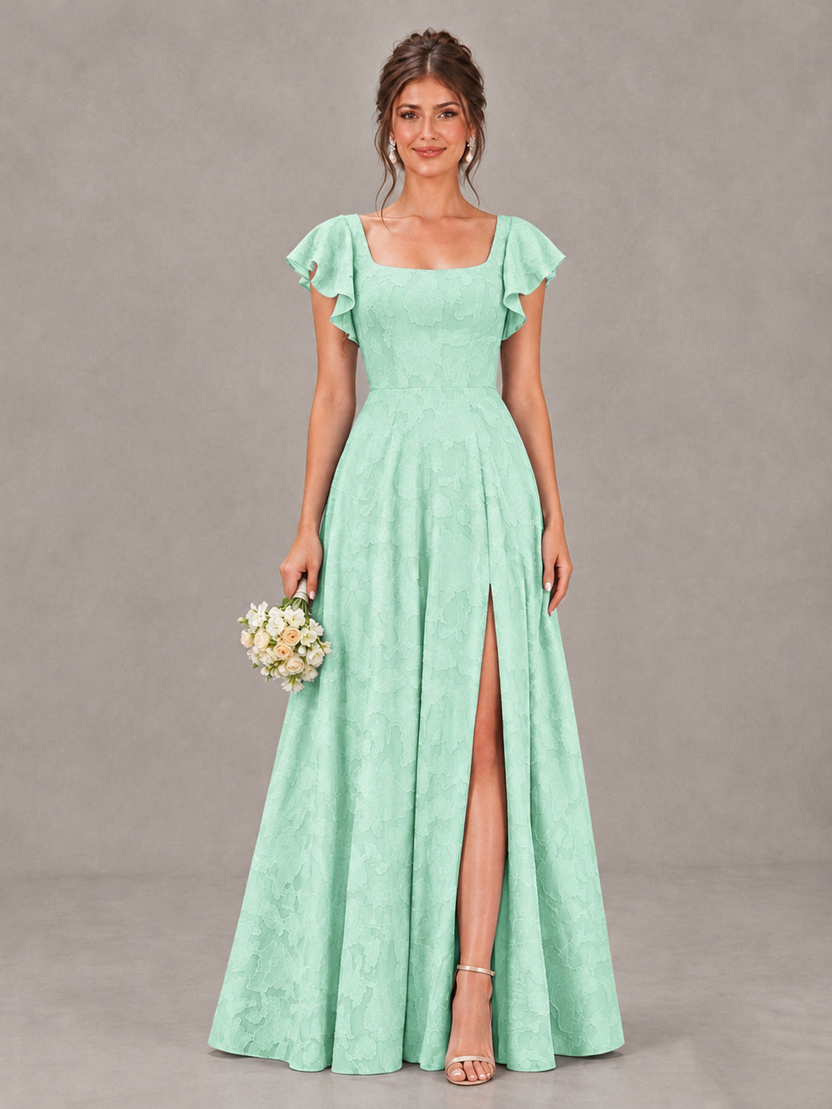 BOLODOO Mint Green Floral Flutter Sleeve Bridesmaid Dress with Slit - Mint Green - Mint Green (1)