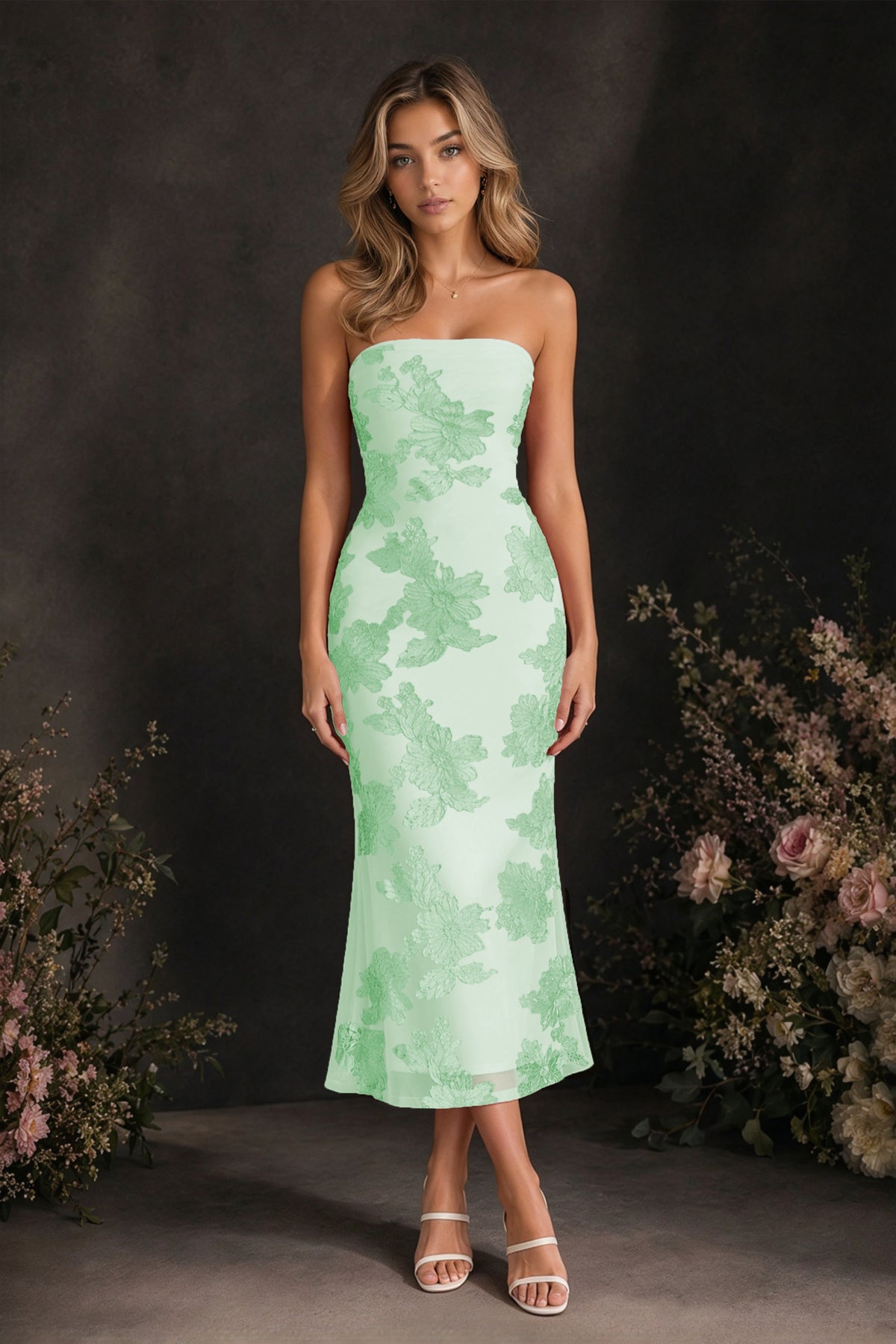 BOLODOO Mint Green Tonal Floral Embroidered Mesh Strapless Open Back Bodycon Midi Tea Length Dress - Mint Green