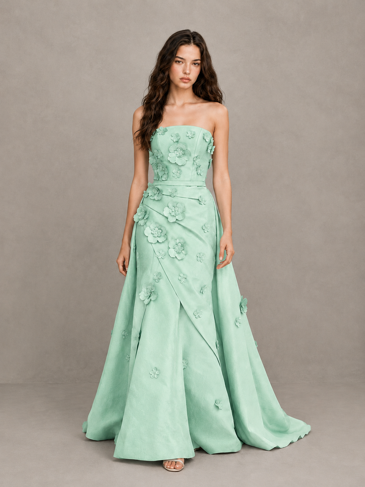 BOLODOO Mint Green Strapless 3D Floral Applique Prom Gown with Draped Skirt - Mint Green - Mint Green (1)
