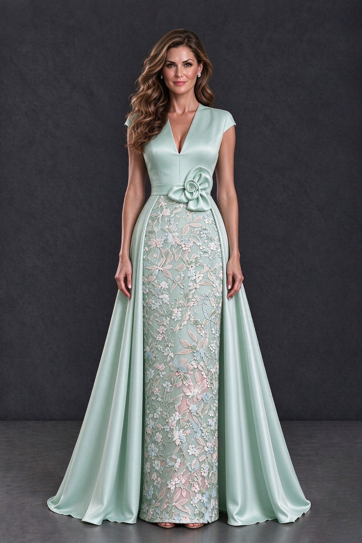 BOLODOO Mint Green Satin and Lace V-Neck Mother of the Bride Dress - Mint Green - Mint Green (1)