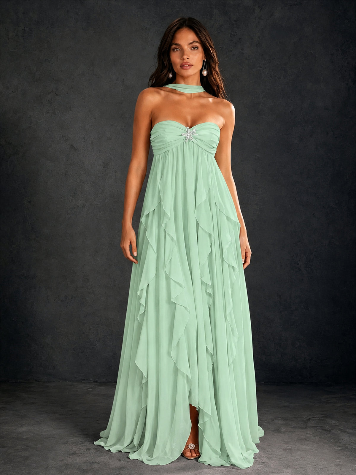 BOLODOO Mint Green Halter Neck Cascading Ruffle Chiffon Maxi Dress | Keyhole Open Back - Mint Green