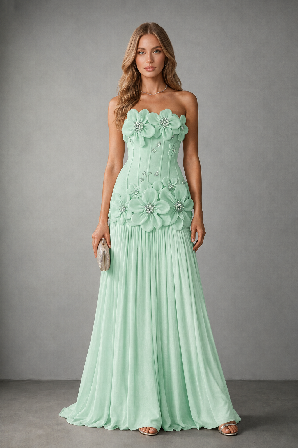 BOLODOO Mint Green Strapless Floral Appliqué Evening Gown - Mint Green