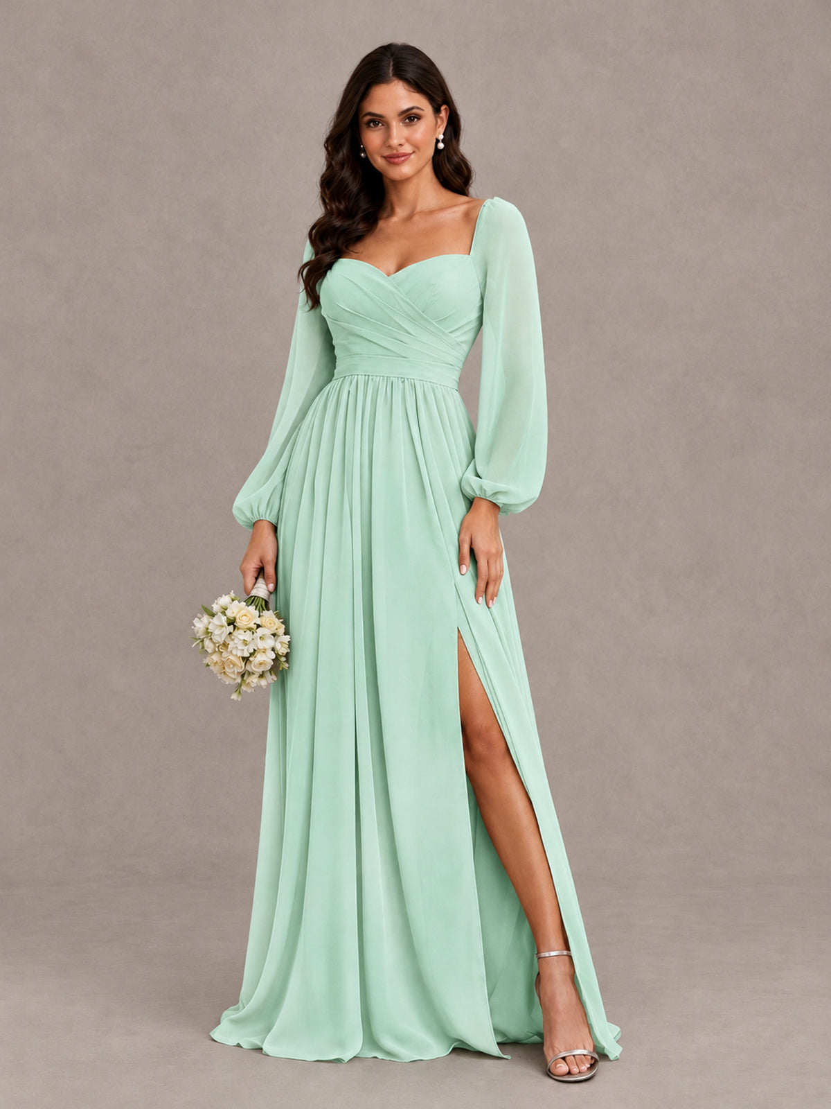 BOLODOO Mint Green Long Sleeve Chiffon Bridesmaid Dress with Slit - Mint Green - Mint Green (1)