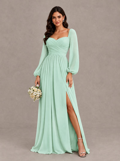 BOLODOO Mint Green Long Sleeve Chiffon Bridesmaid Dress with Slit - Mint Green - Mint Green (1)