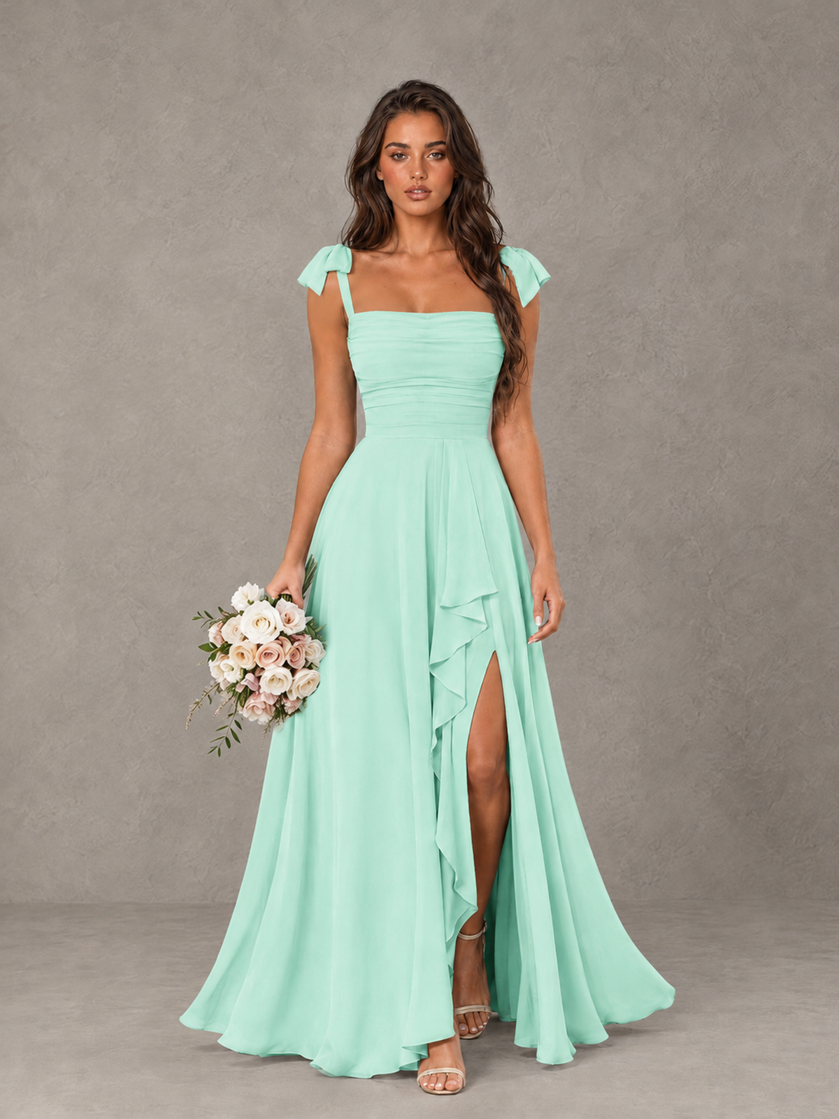 BOLODOO Mint Green Bow-Strap Bridesmaid Dress with Ruffle Slit - Mint Green - Mint Green (1)