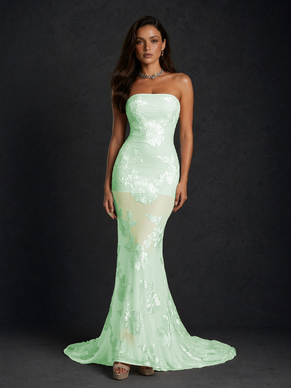 BOLODOO Mint Green Champagne Gold Floral Sequin Embroidered Mesh Strapless Open Back Mermaid Maxi Dress with Train - Mint Green