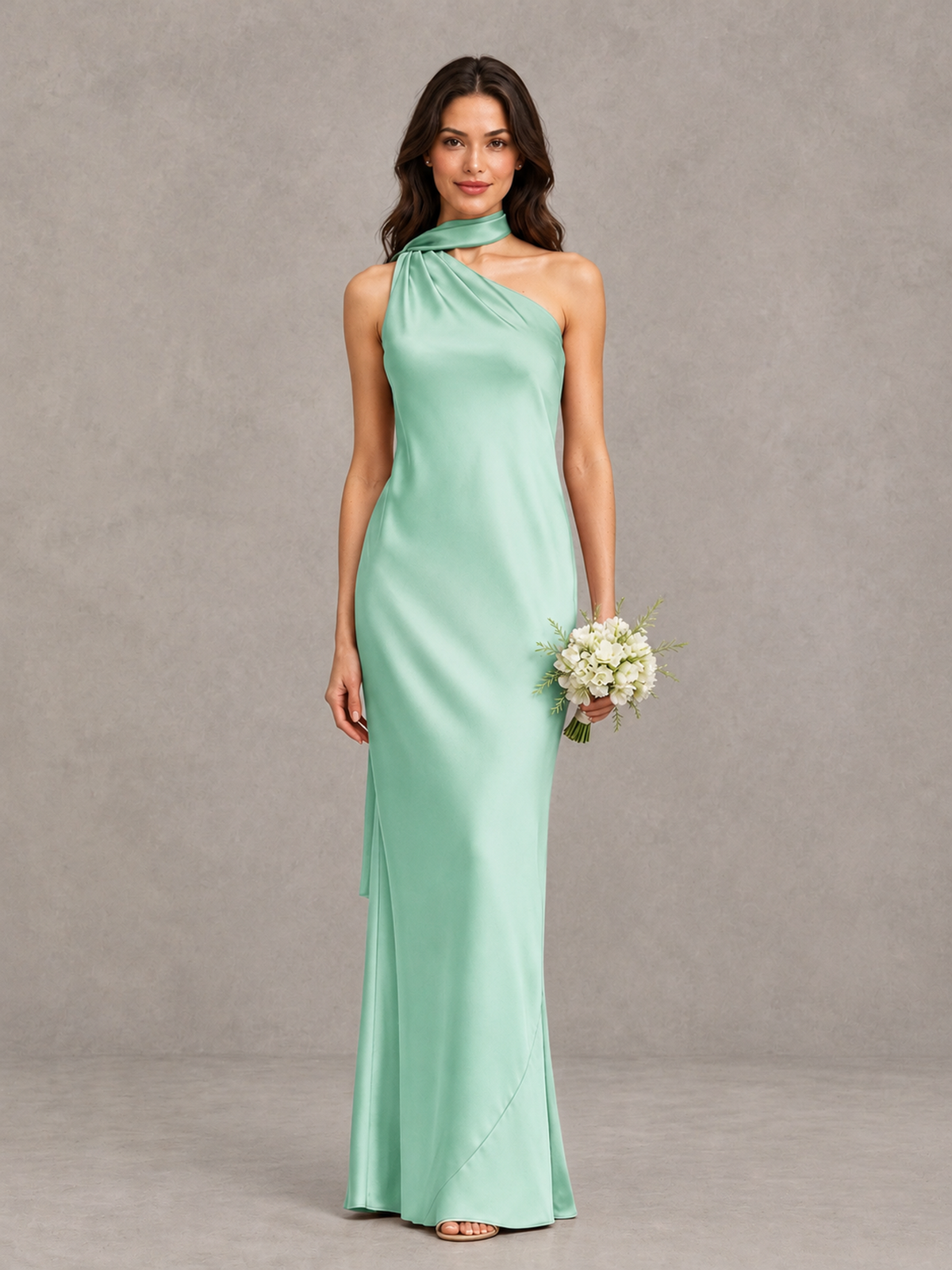 BOLODOO Mint Green Satin One-Shoulder Bridesmaid Dress with Open Back - Mint Green - Mint Green (1)