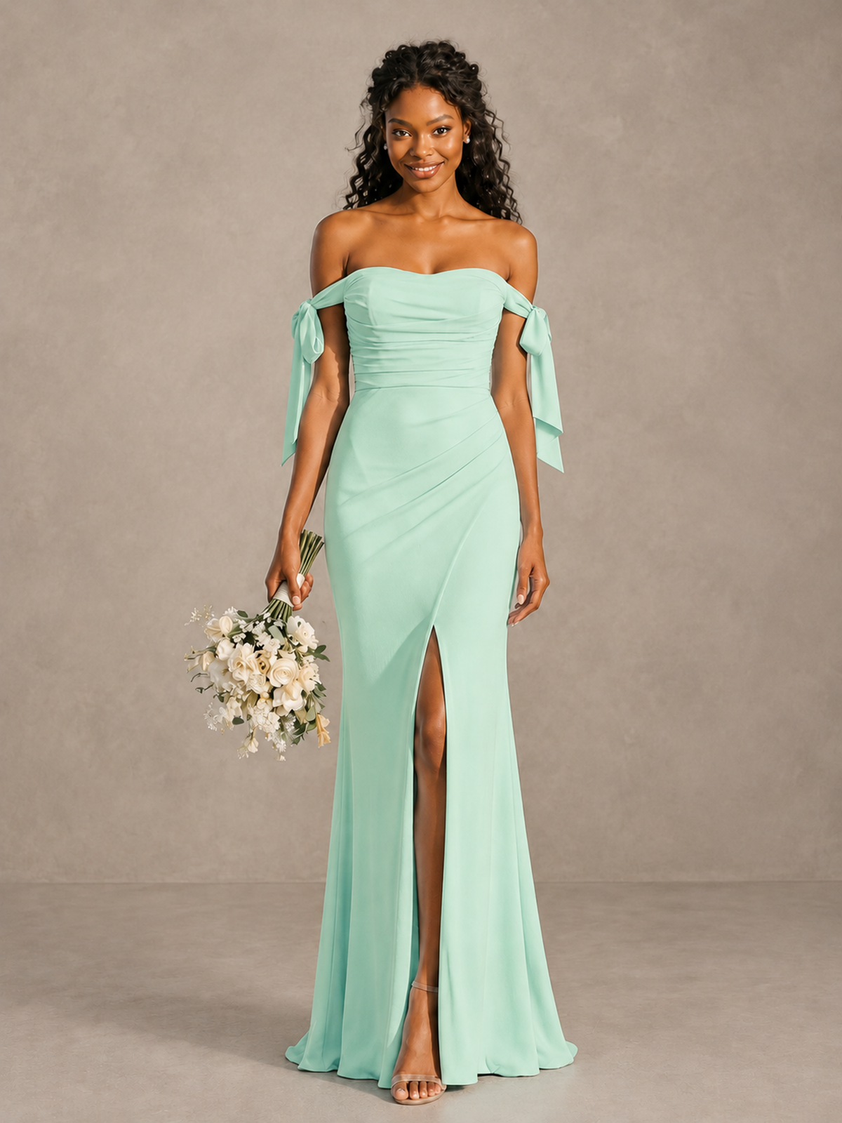 Mint Green Off-Shoulder Bow Bridesmaid Dress with Slit - Mint Green - Mint Green (1)