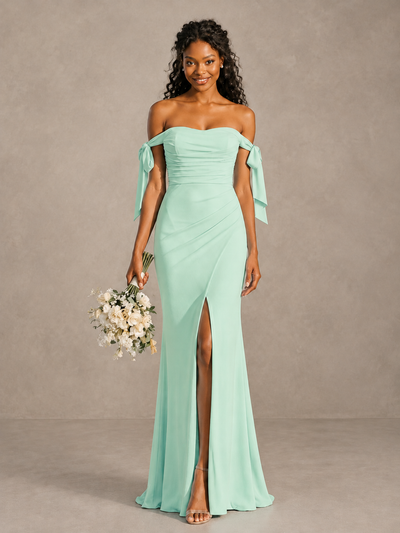 Mint Green Off-Shoulder Bow Bridesmaid Dress with Slit - Mint Green - Mint Green (1)