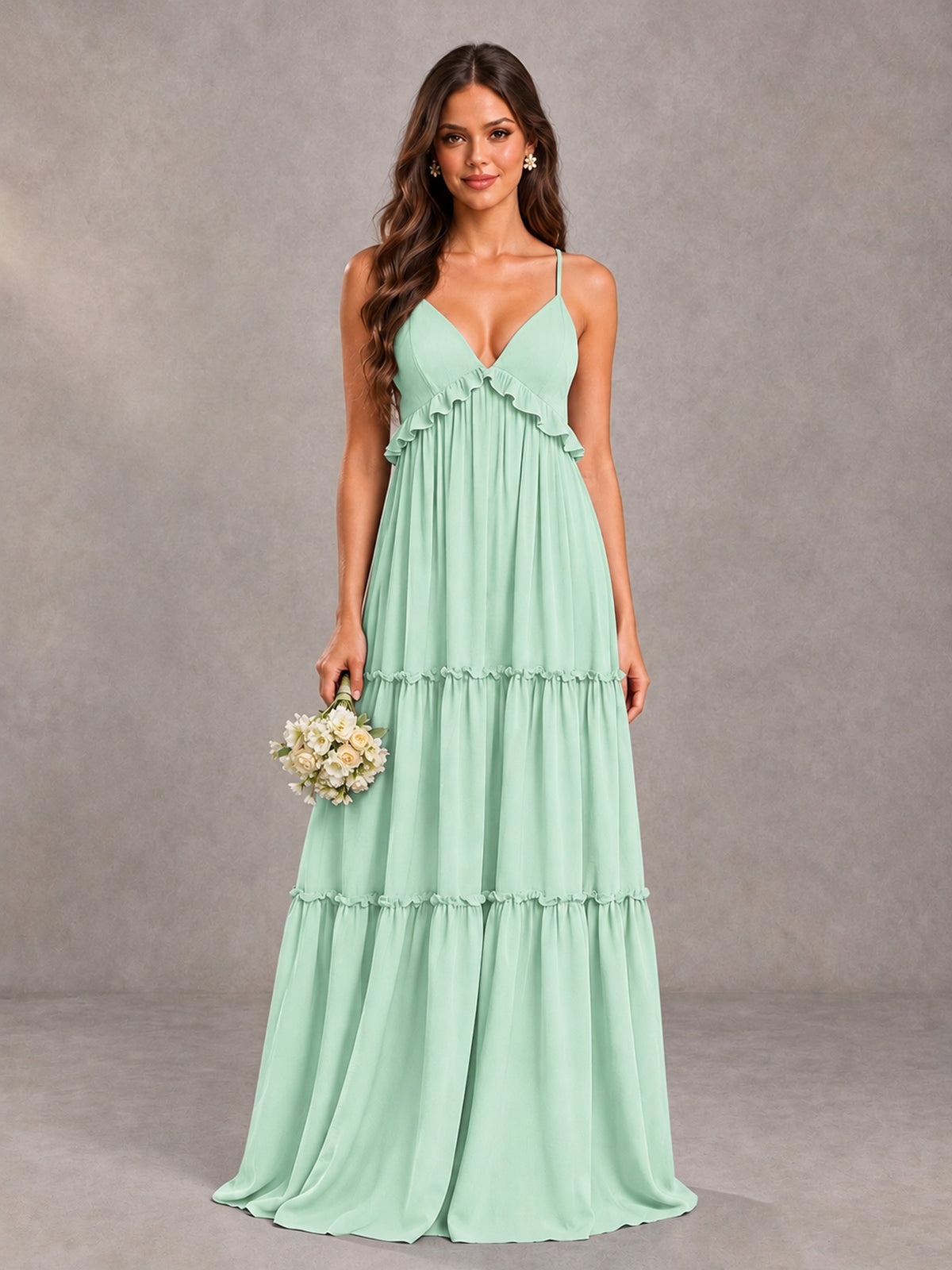 BOLODOO Mint Green Tiered V-Neck Lace-Up Back Bridesmaid Dress - Mint Green - Mint Green (1)