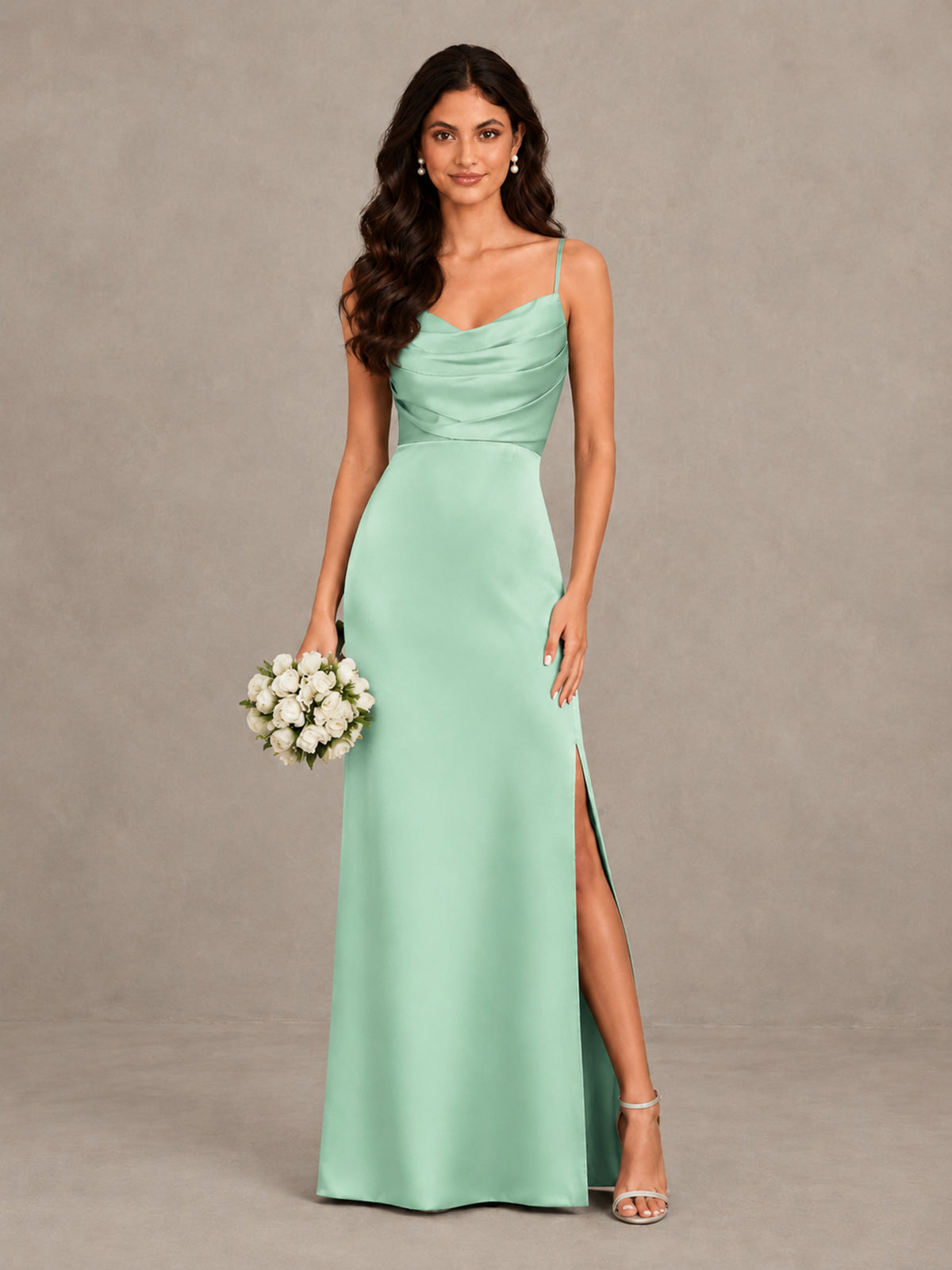 BOLODOO Mint Green Cowl Neck Satin Bridesmaid Dress with Slit - Mint Green - Mint Green (1)