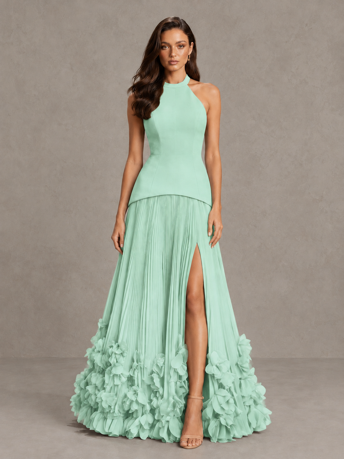 BOLODOO Mint Green Halter Neck Floor-Length Evening Gown with High Slit & 3D Floral Hem - Mint Green - Mint Green (1)