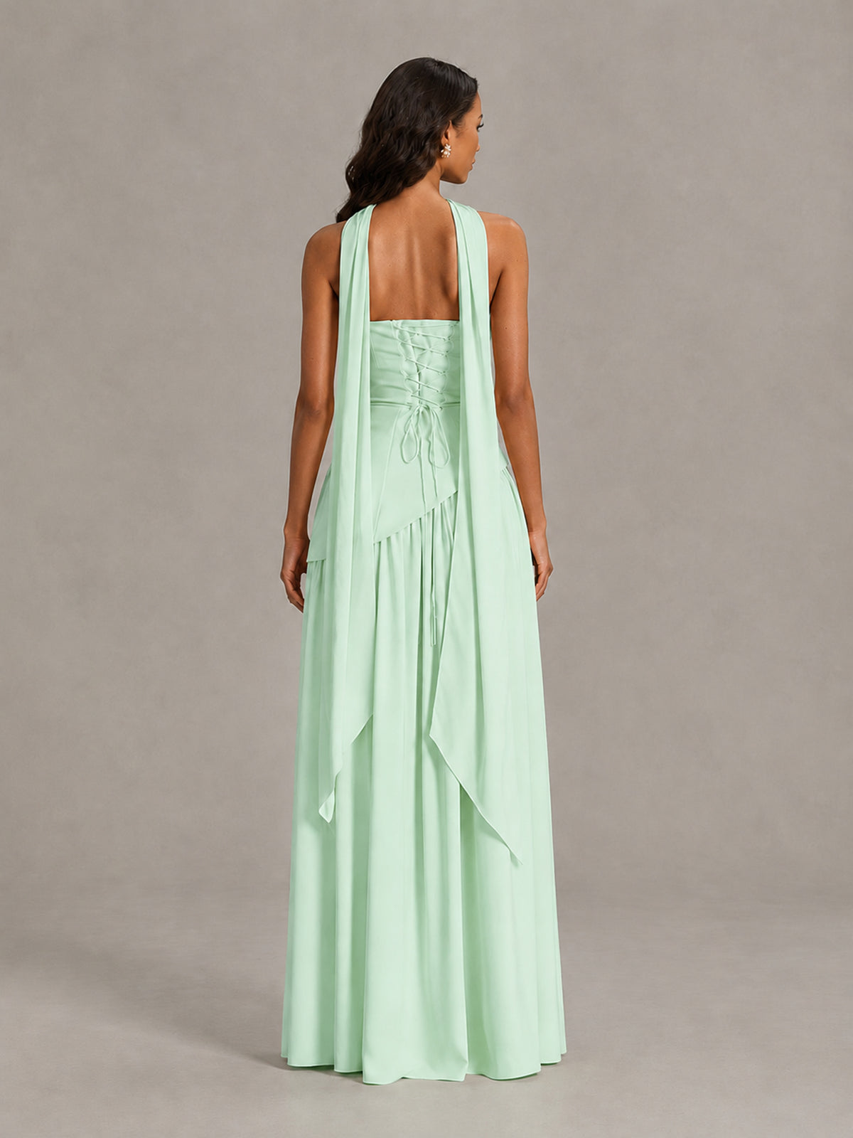 Mint Green Strapless Bridesmaid Dress with Scarf & High Slit - Mint Green - Mint Green (2)
