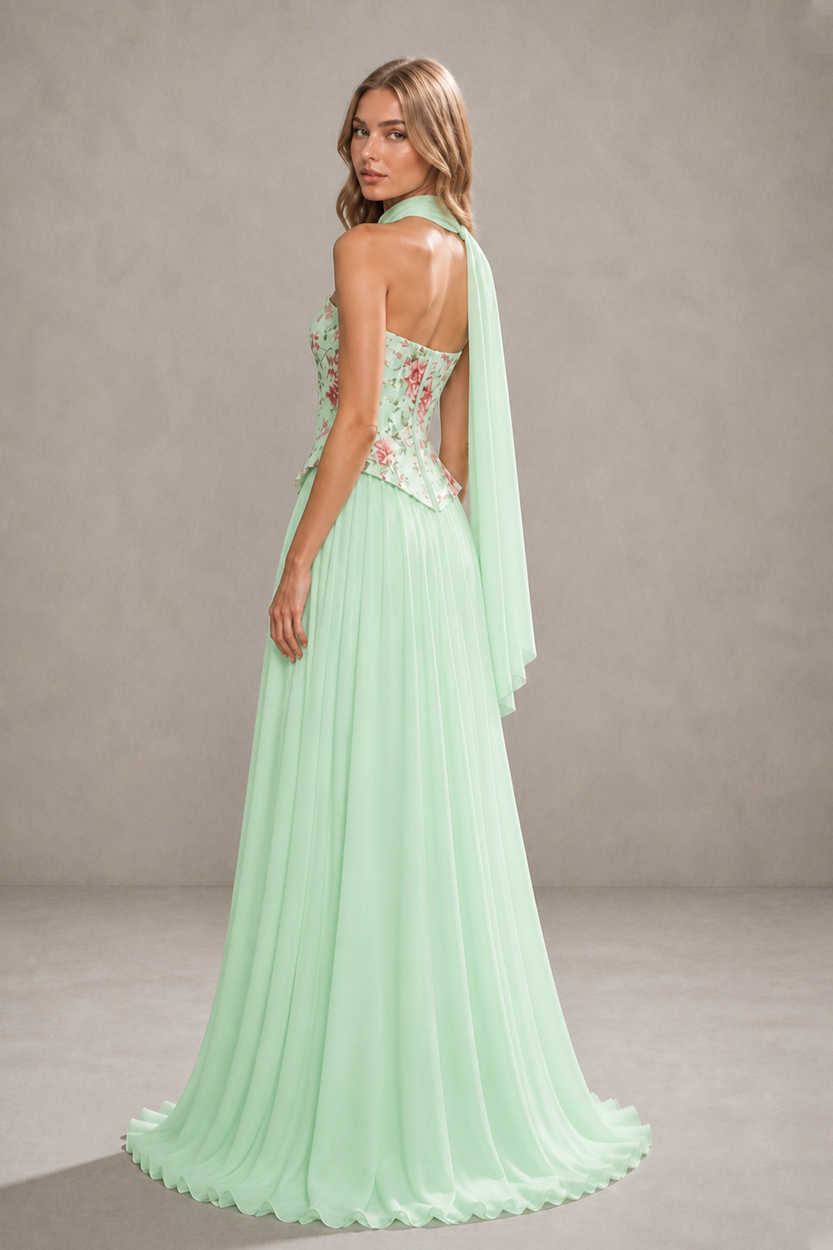 Mint Green Floral Embroidered Corset Halter Neck Open Back Chiffon Maxi Gown - Mint Green