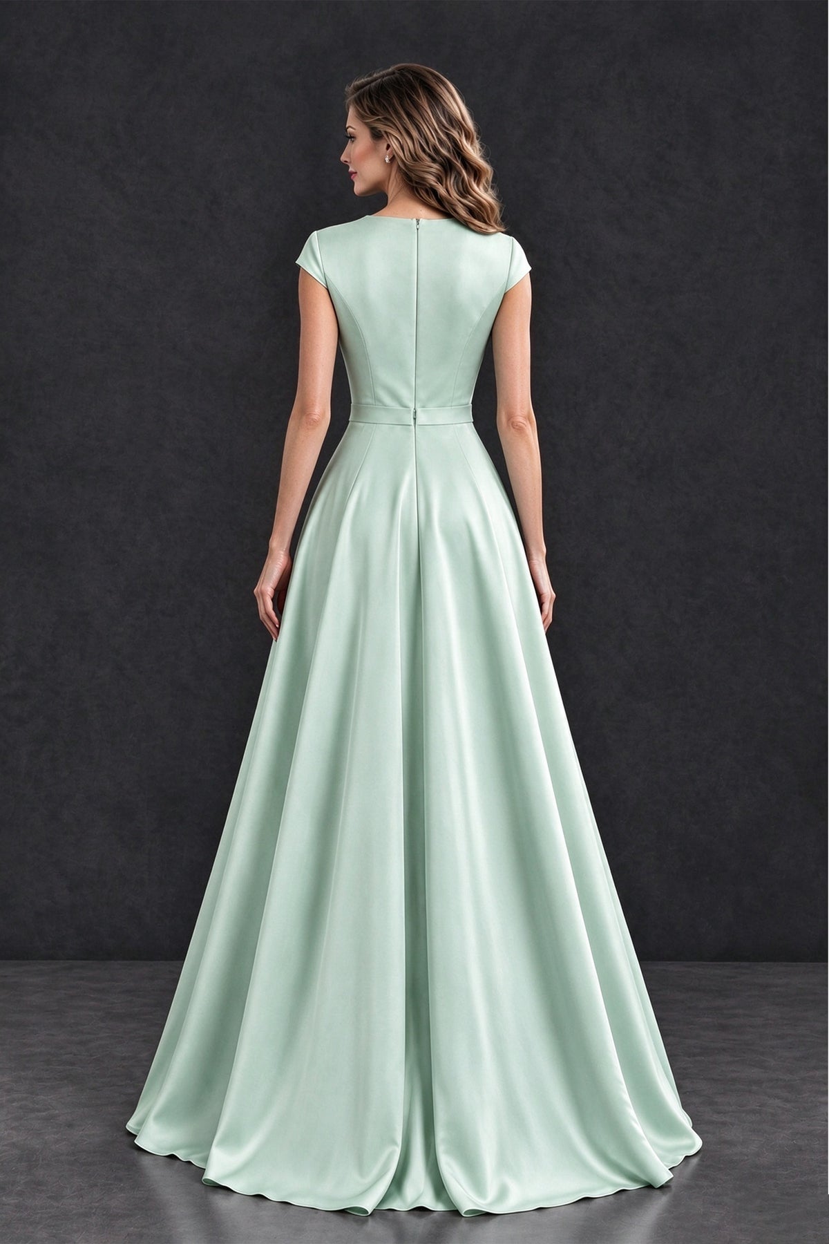 BOLODOO Mint Green Satin and Lace V-Neck Mother of the Bride Dress - Mint Green - Mint Green (2)