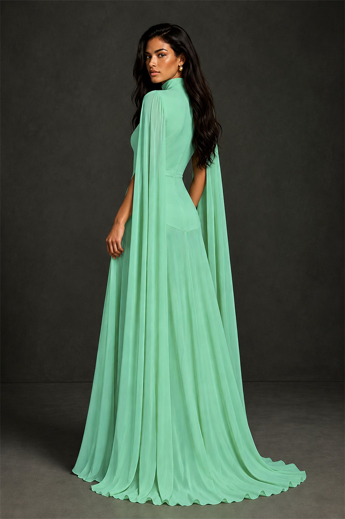 BOLODOO Mint Green Mock Neck Cape Sleeve A-Line Chiffon Maxi Dress - Mint Green - Mint Green (2)