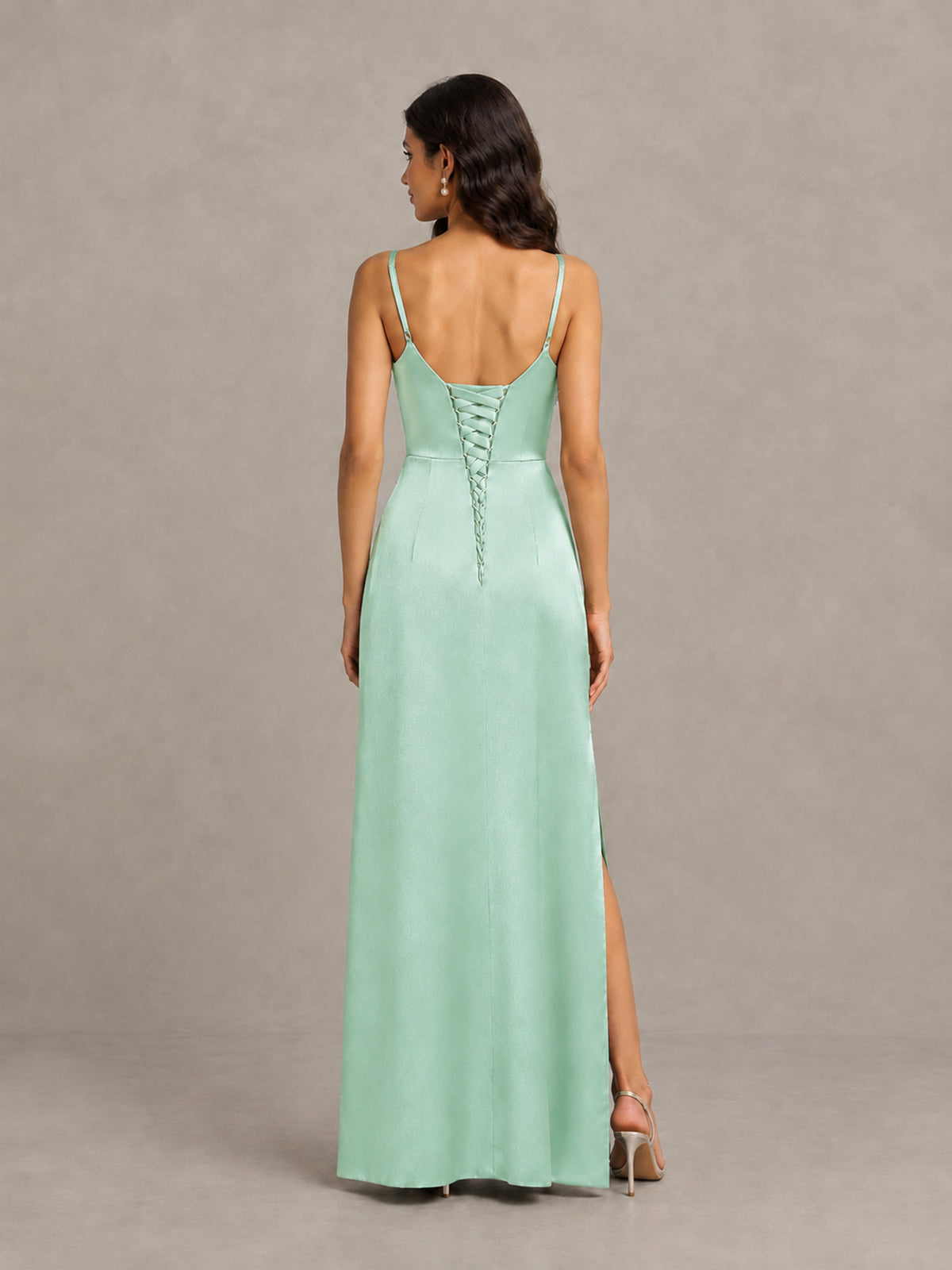 BOLODOO Mint Green Cowl Neck Satin Bridesmaid Dress with Slit - Mint Green - Mint Green (2)