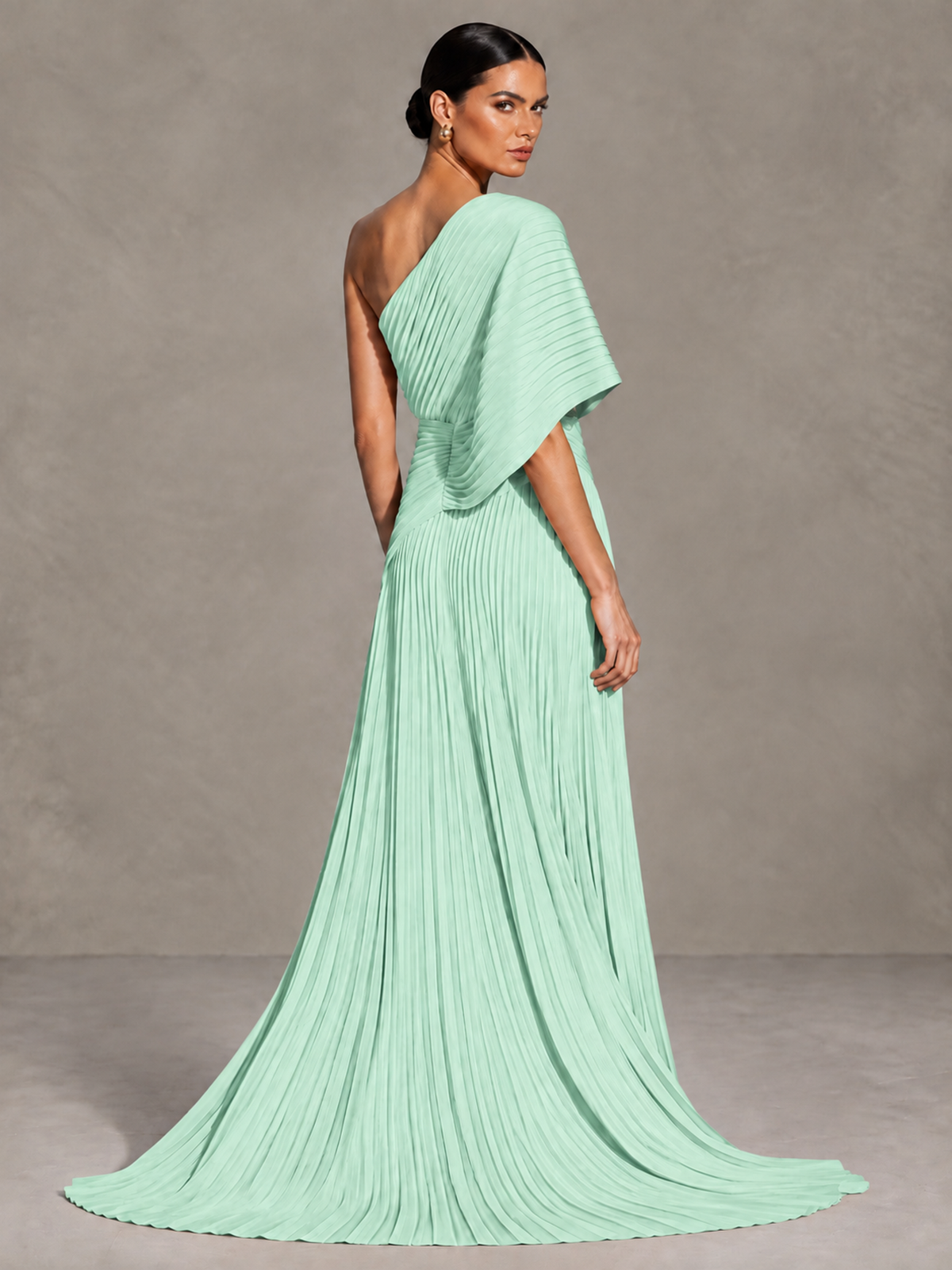 BOLODOO Mint Green One-Shoulder Pleated Cape Evening Gown with Train - Mint Green - Mint Green (2)